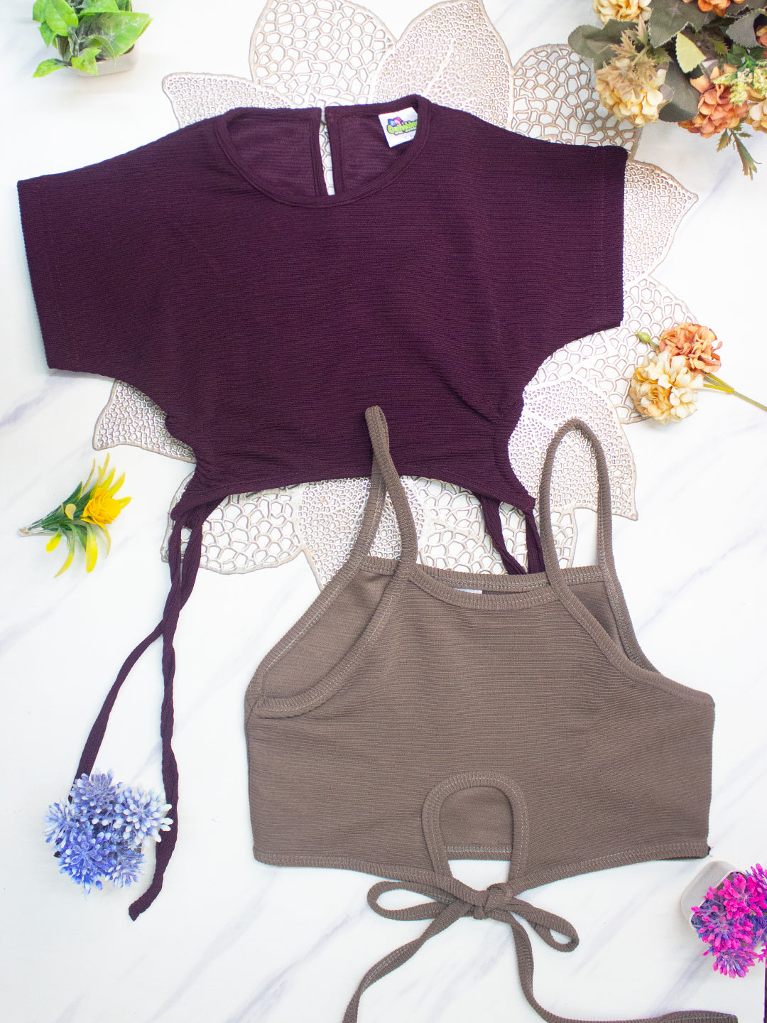 Cutiekins Girls Solid Embellished Crop Tops(Pack of 2) -Wine & Gray