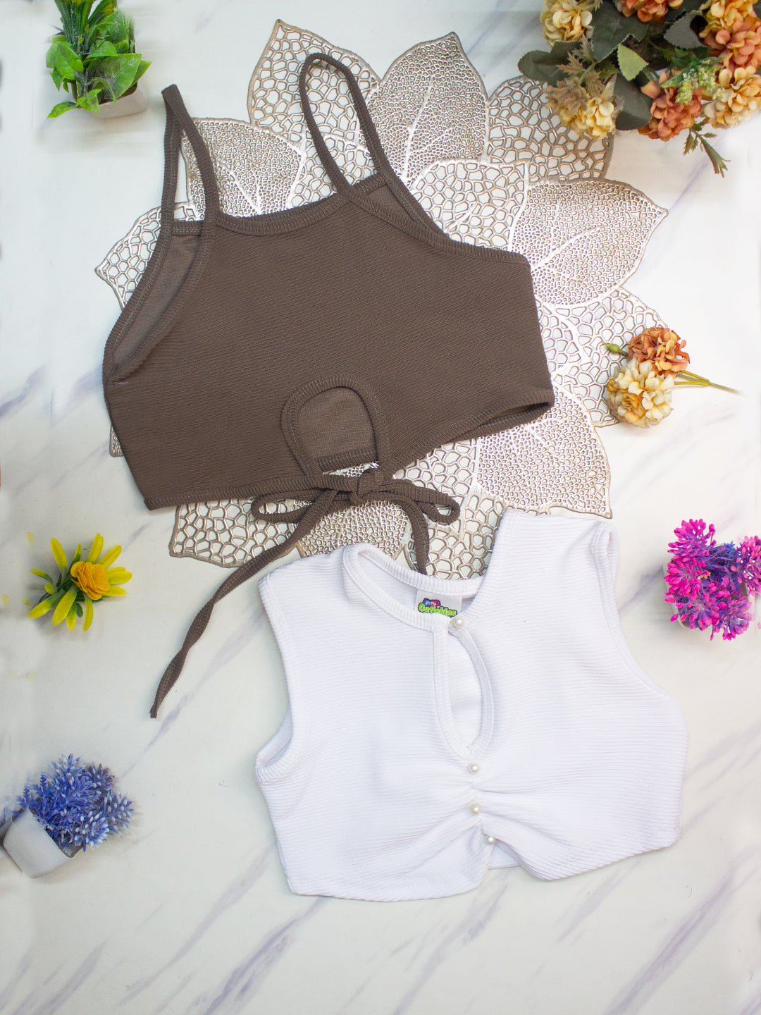 Cutiekins Girls Solid Embellished Crop Tops(Pack of 2) -White & Camel Brown