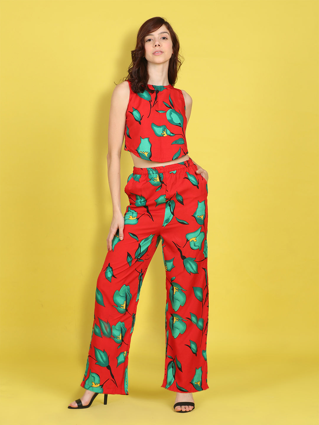 Cutiekins Girls Trendy Bold Style Printed Top & Palazzo Co-ord Set -Red & Green