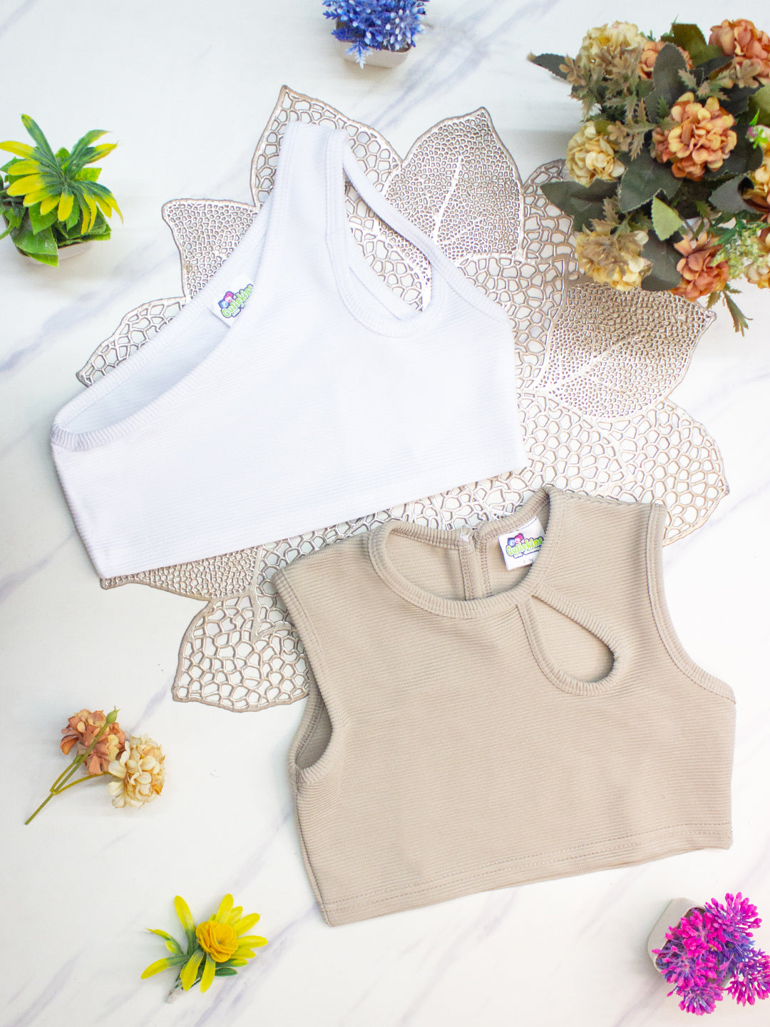 Cutiekins Girls Solid Embellished Crop Tops(Pack of 2) -Off White & Beige