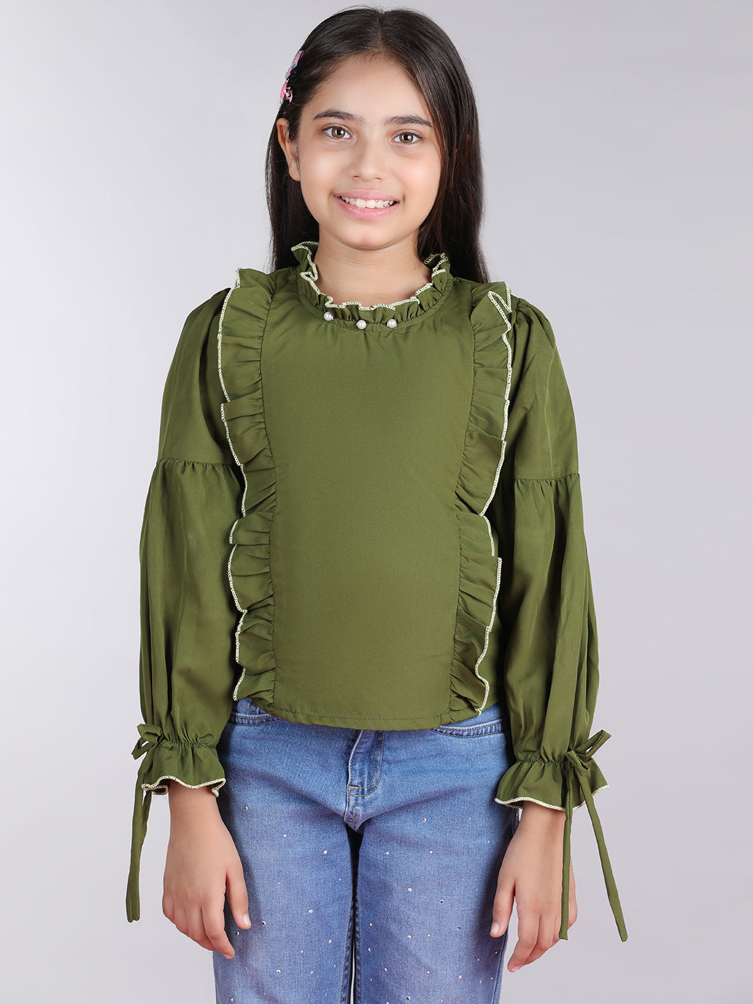 Cutiekins Solid Full Sleeves Polyester Tops-Green & White