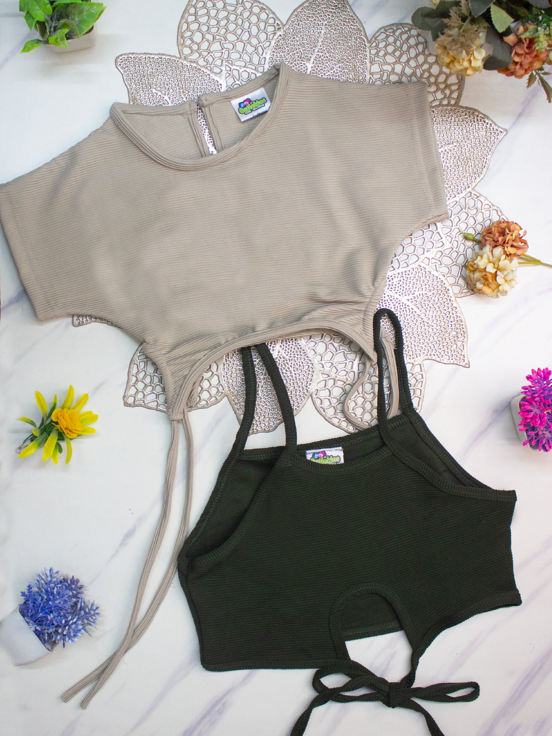 Cutiekins Girls Solid Embellished Crop Tops(Pack of 2) -Dark Green & Beige