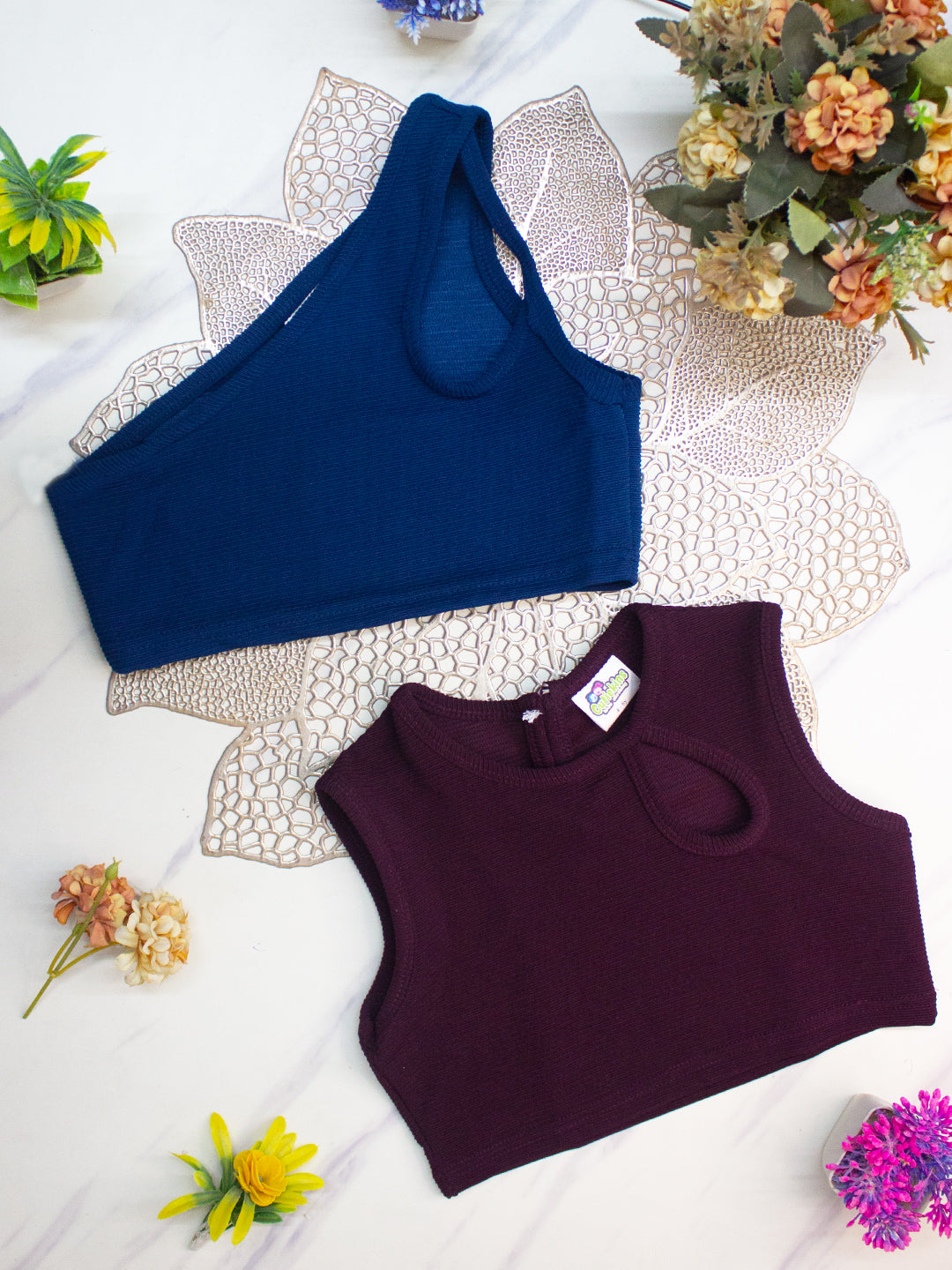 Cutiekins Girls Solid Embellished Crop Tops(Pack of 2) -Wine & Royal Blue
