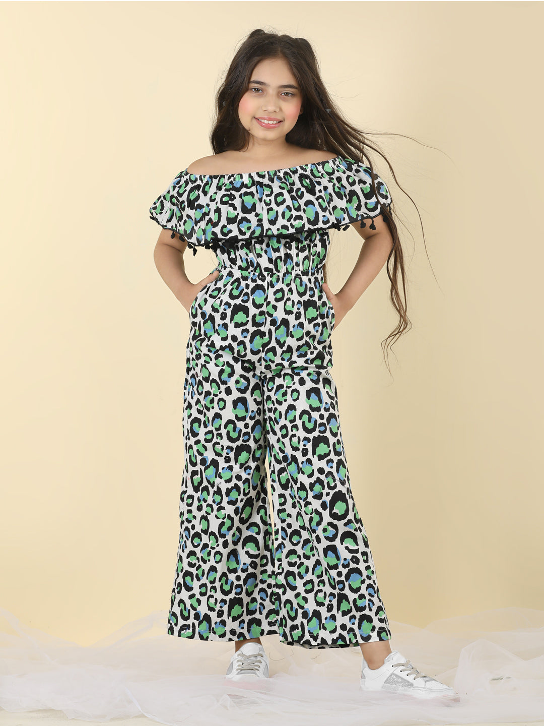 Cutiekins Girls Off Shoulder Abstract Print Jumpsuit -Off White & Green