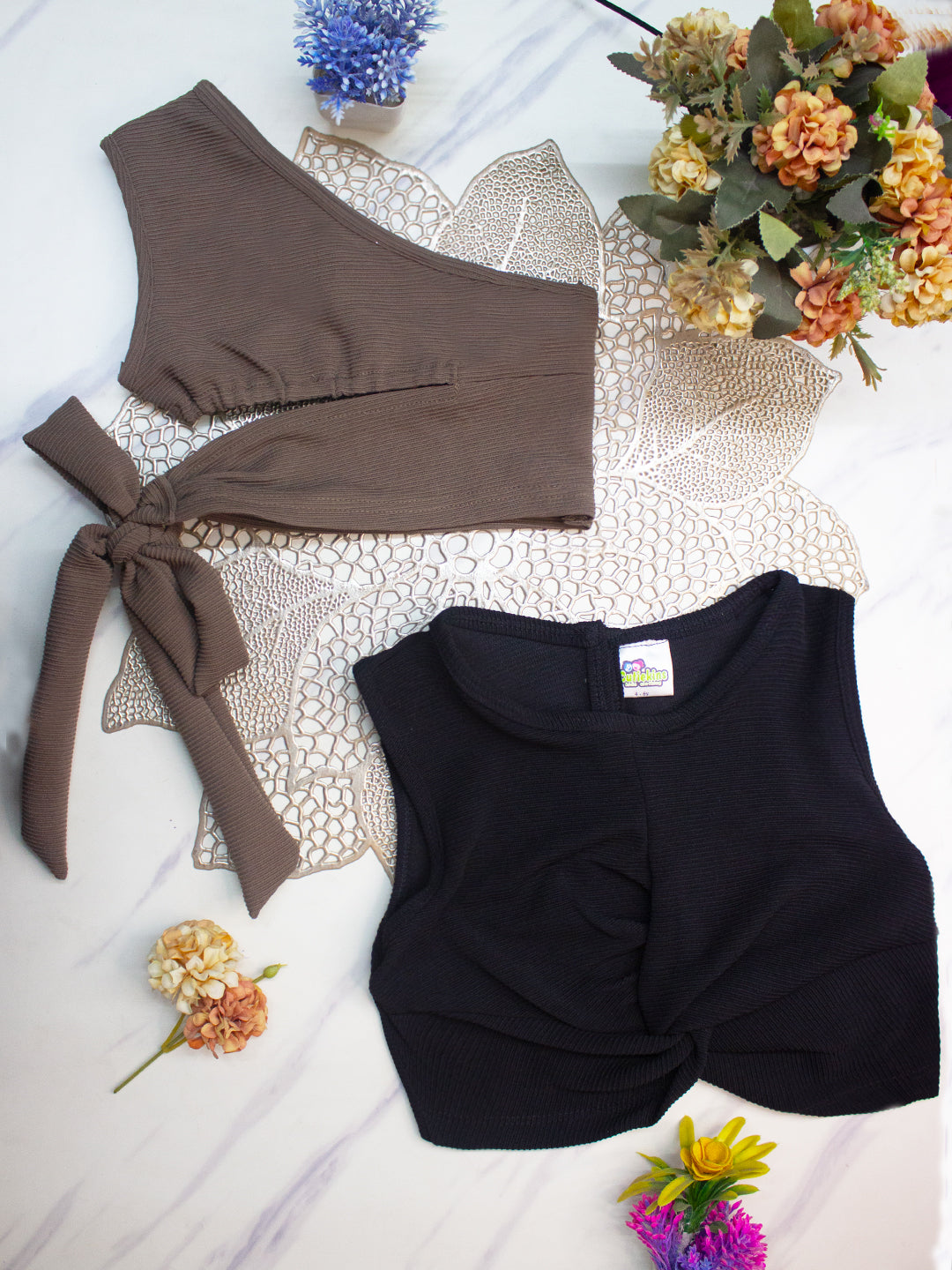 Cutiekins Girls Solid Embellished Crop Tops(Pack of 2) -Gray & Black