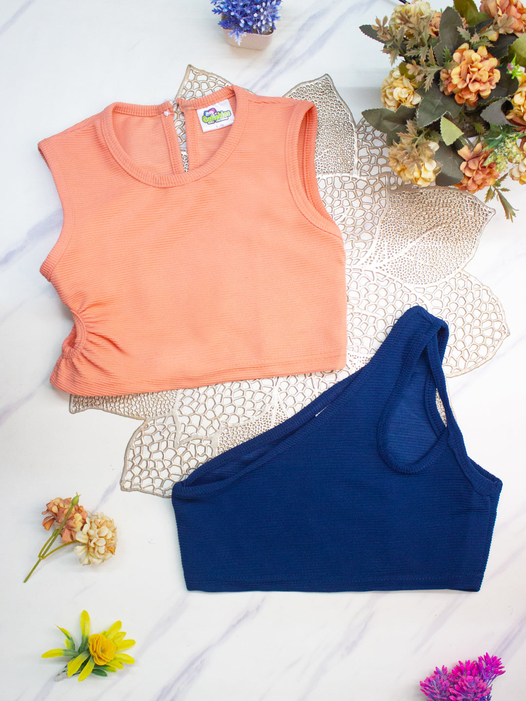 Cutiekins Girls Solid Embellished Crop Tops(Pack of 2) -Peach & Blue