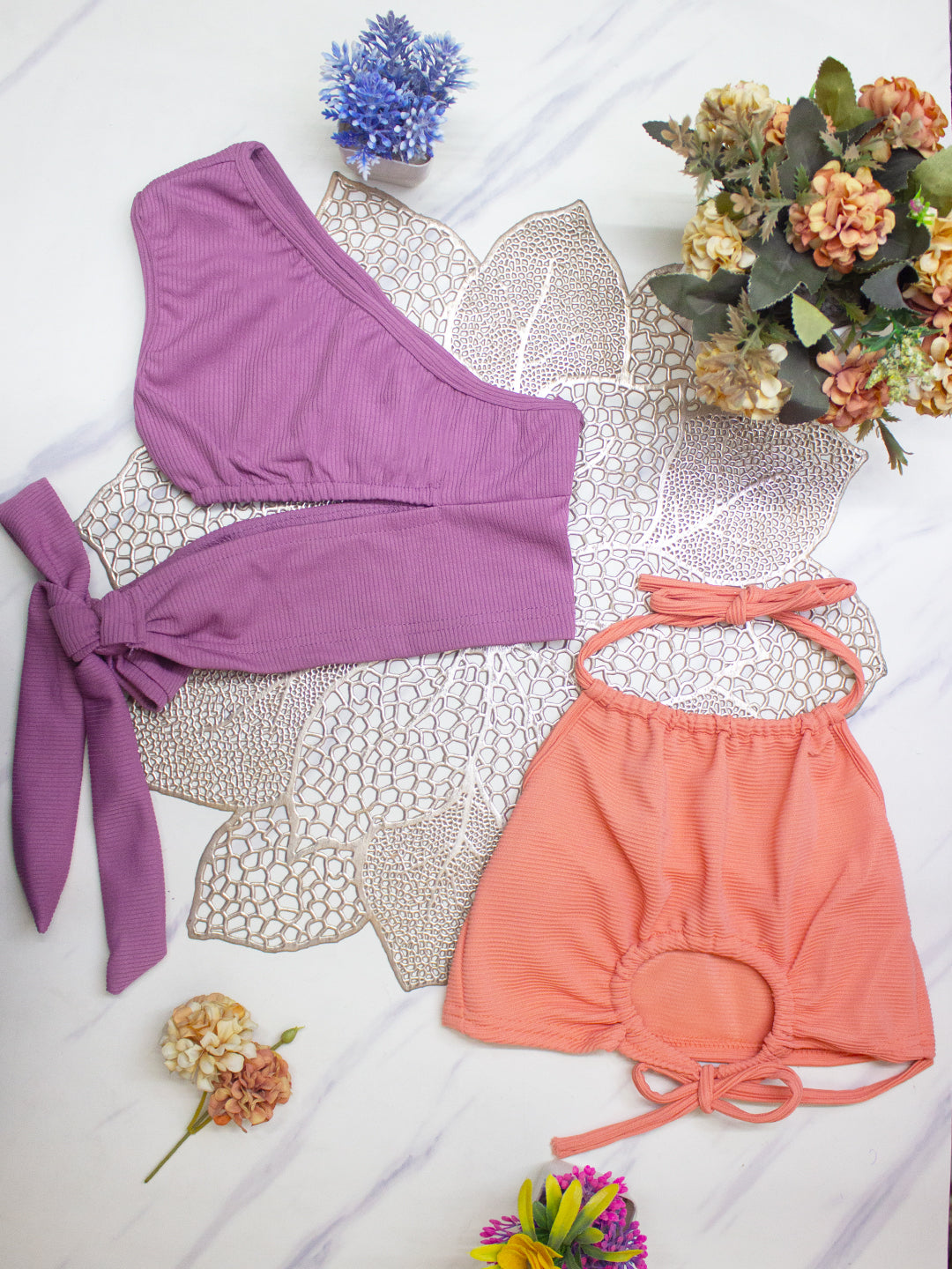 Cutiekins Girls Solid Embellished Crop Tops(Pack of 2) -Peach & Onion Pink