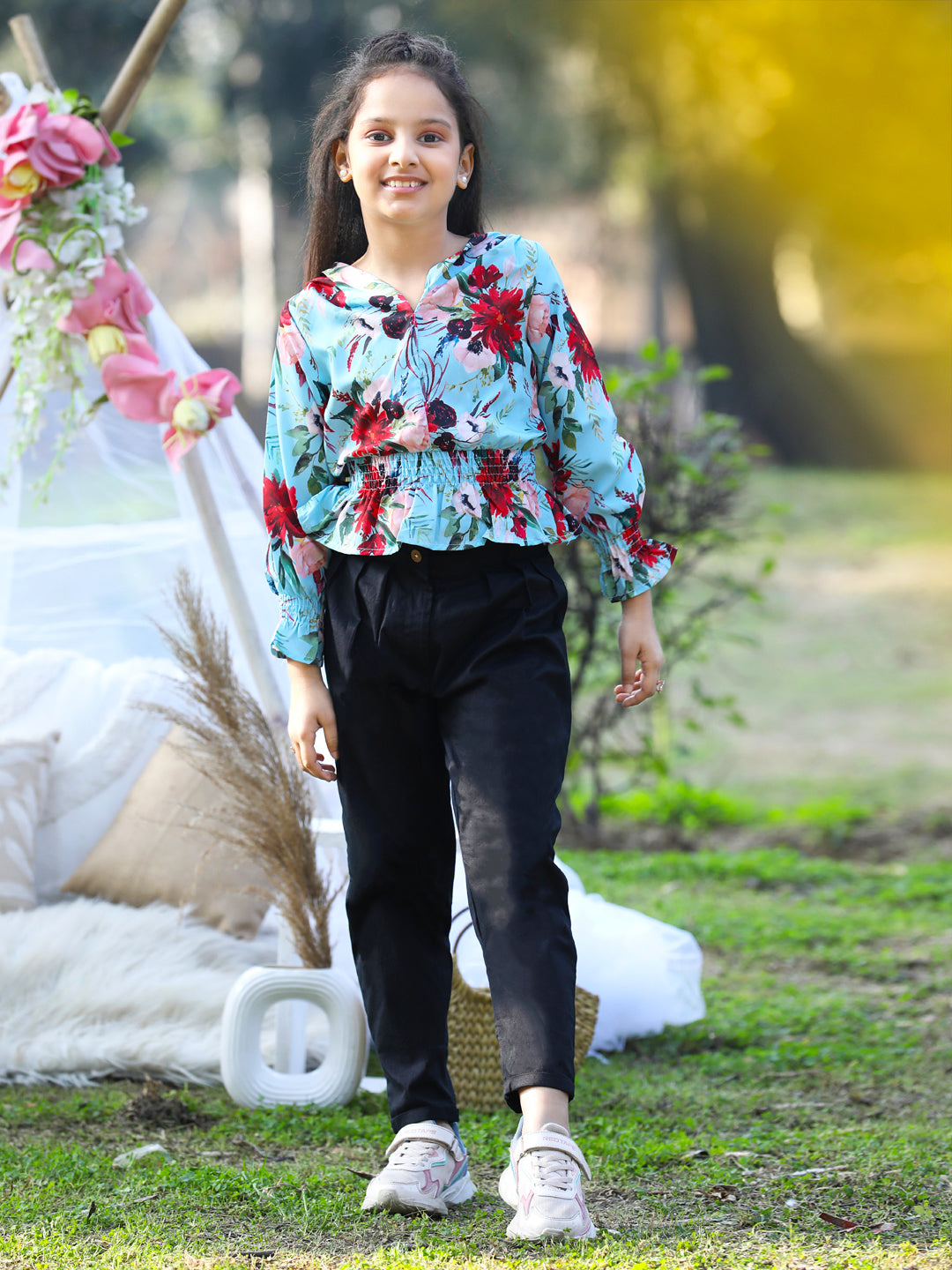 Cutiekins V Neck Foral Printed Crop Top & Trousers Set -Turquoise Blue & Black