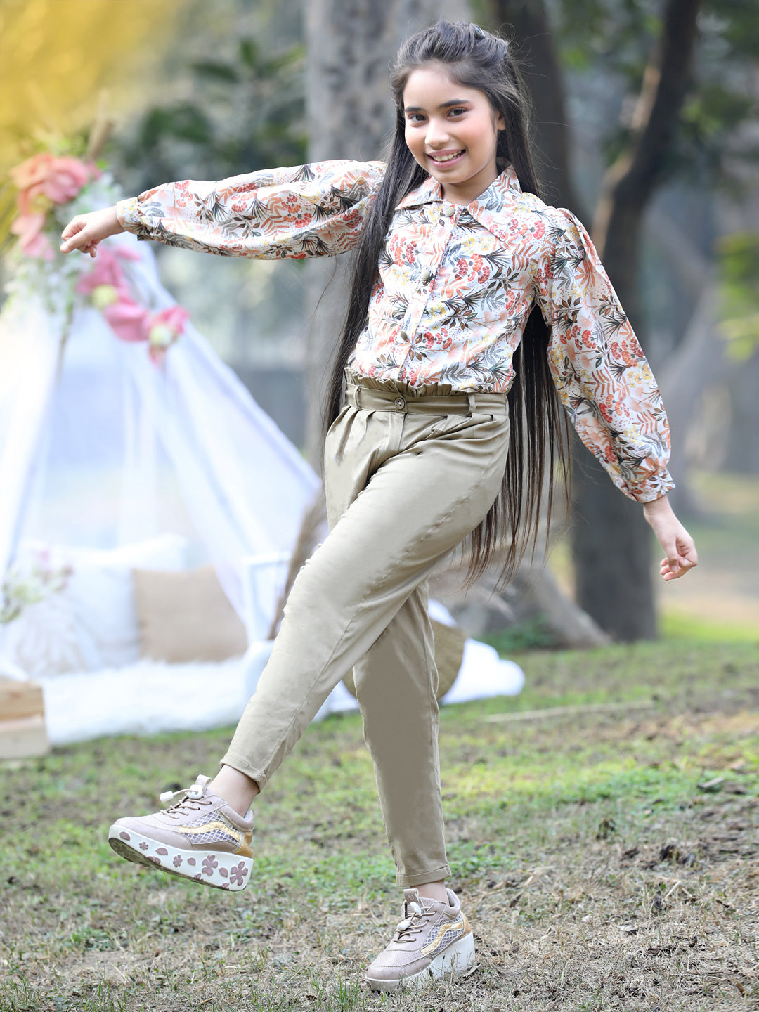 Cutiekins Collar Neck Foral Printed Regular Top & Trousers Set -Baige & Khaki