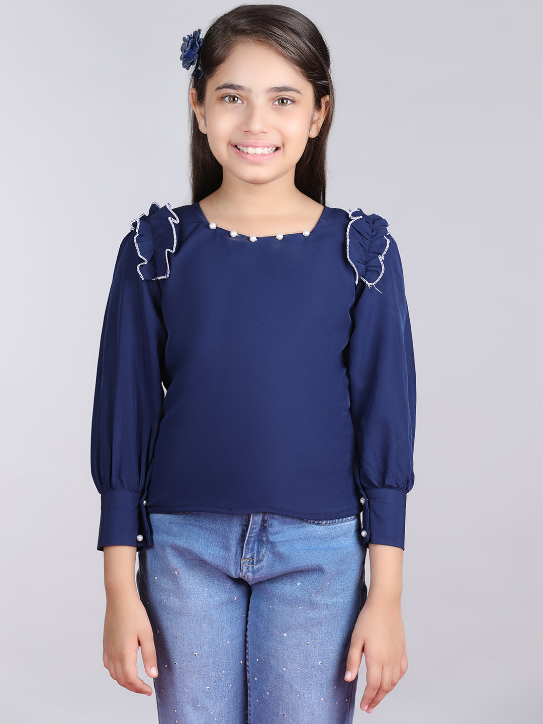 Cutiekins Solid Full Sleeves Polyester Tops-Teal Blue & White