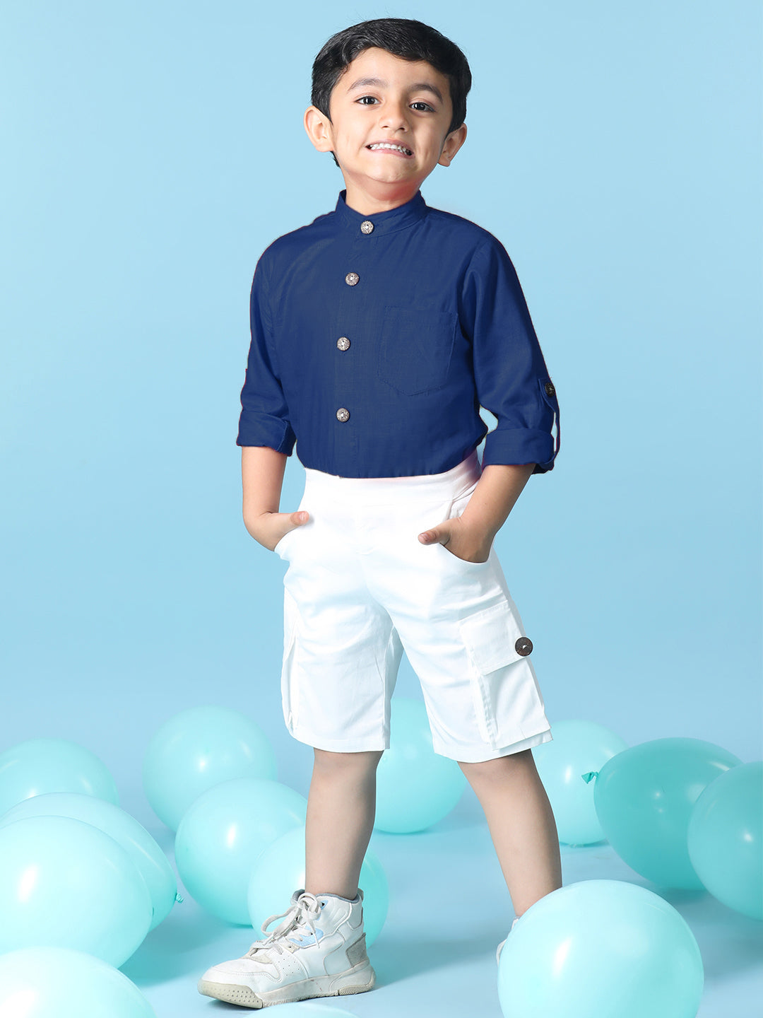 Cutiekins Boys Solid Rayon Shirt with Solid Lycra Cargo Shorts -Teal Blue & White
