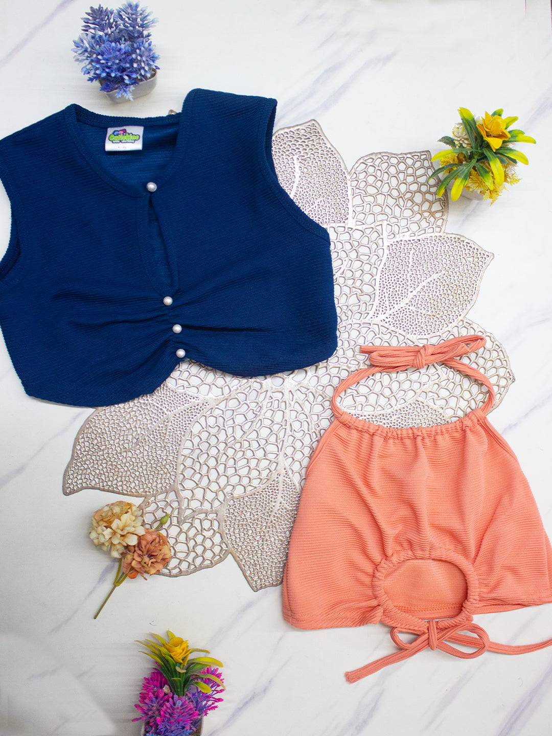 Cutiekins Girls Solid Embellished Crop Tops(Pack of 2) -Navy & Peach