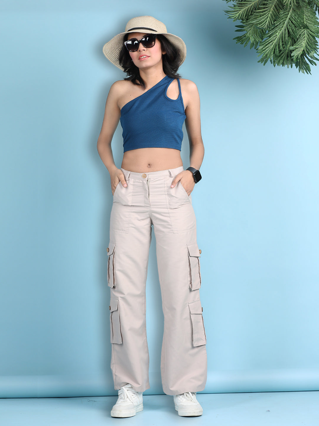 Cutiekins Girls Solid Embellished Top with Solid Cargo -Roayal Blue & Beige