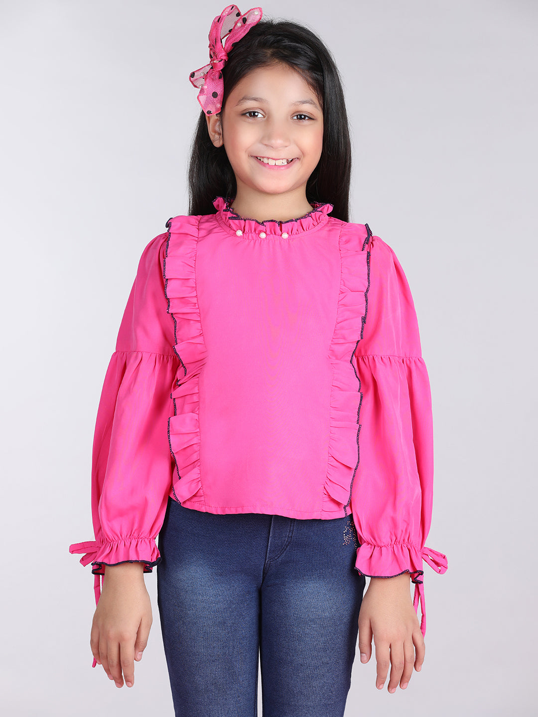 Cutiekins Solid Full Sleeves Polyester Tops-Pink & White