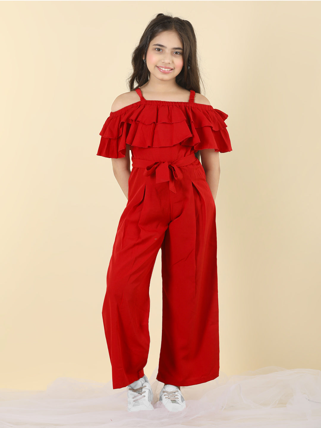 Cutiekins Girls Shoulder Strap Solid Embellished Jumpsuit -Red