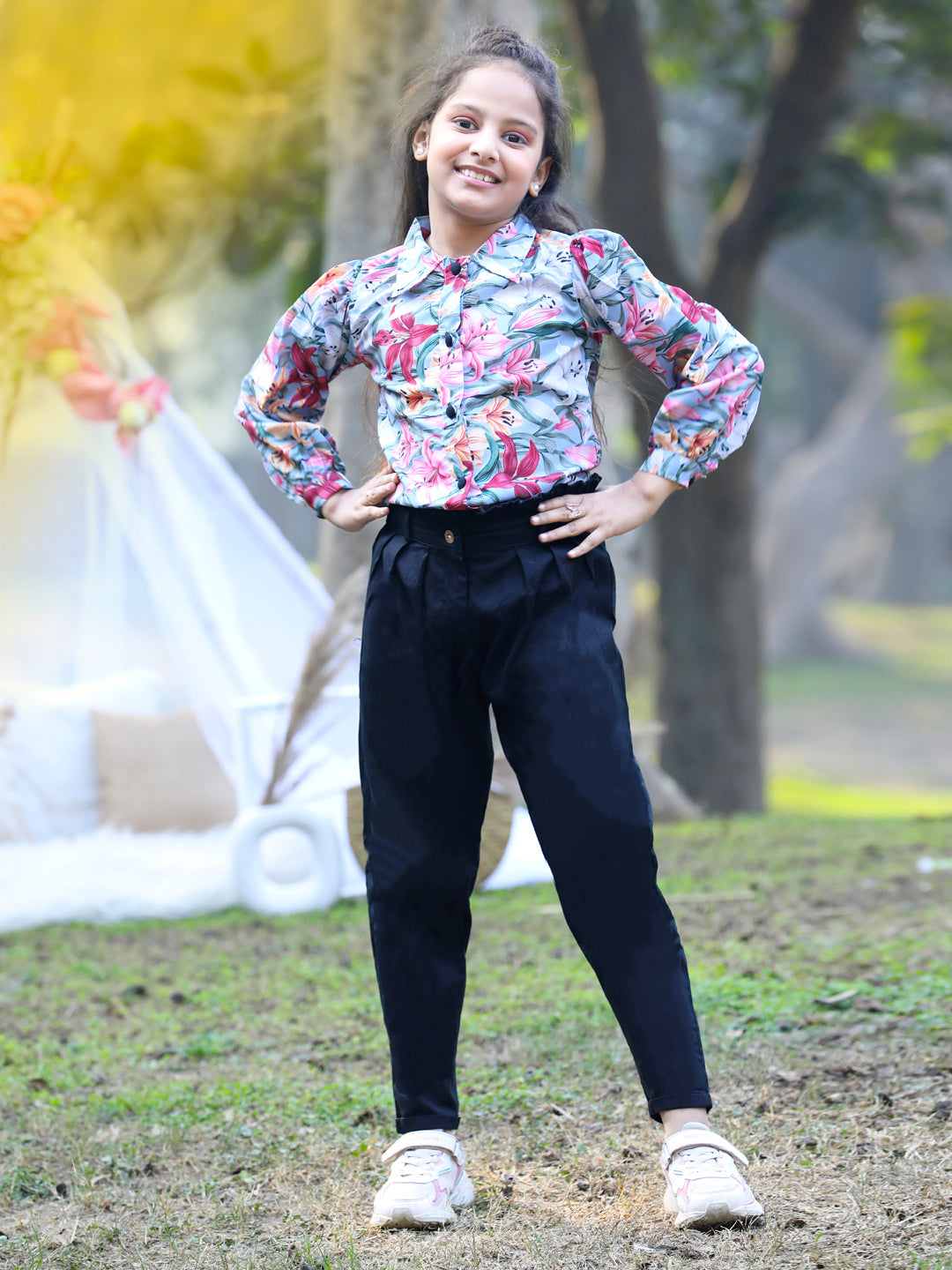 Cutiekins Collar Neck Foral Printed Regular Top & Trousers Set -Grey & Black