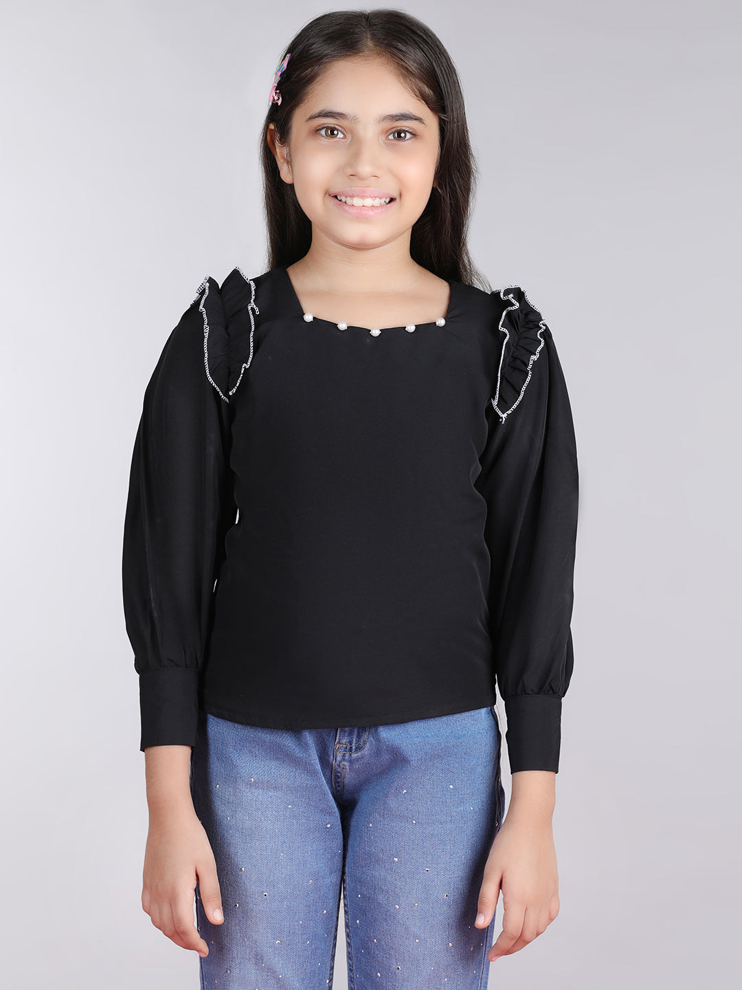 Cutiekins Solid Full Sleeves Polyester Tops-Black & White