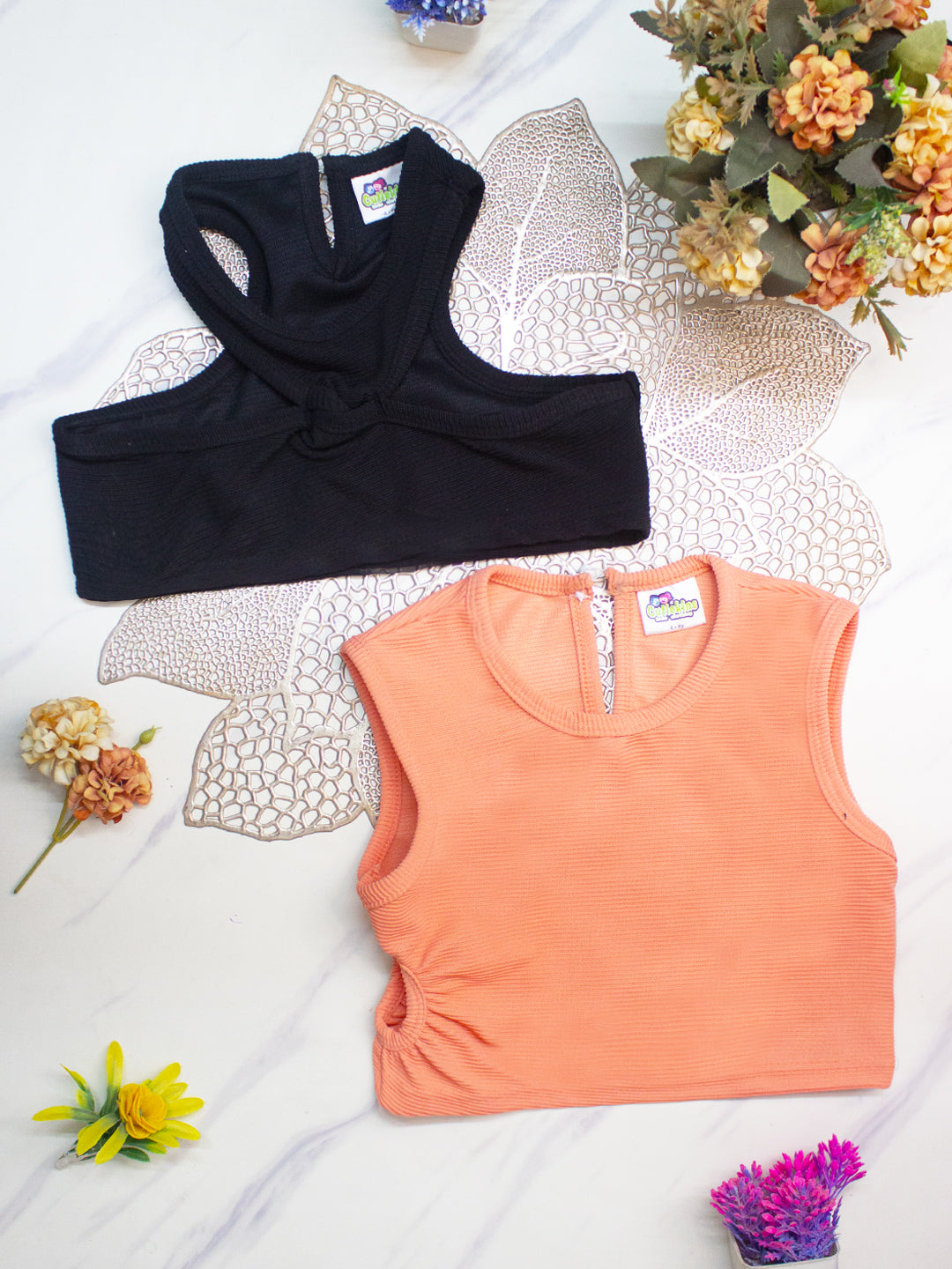 Cutiekins Girls Solid Embellished Crop Tops(Pack of 2) -Peach & Black