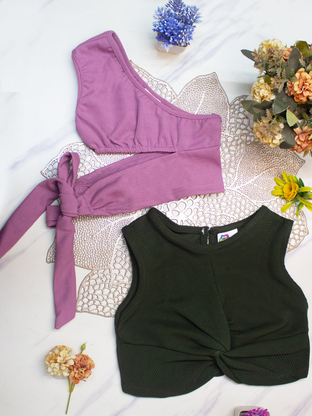 Cutiekins Girls Solid Embellished Crop Tops(Pack of 2) -Dark Gray & Onion Black