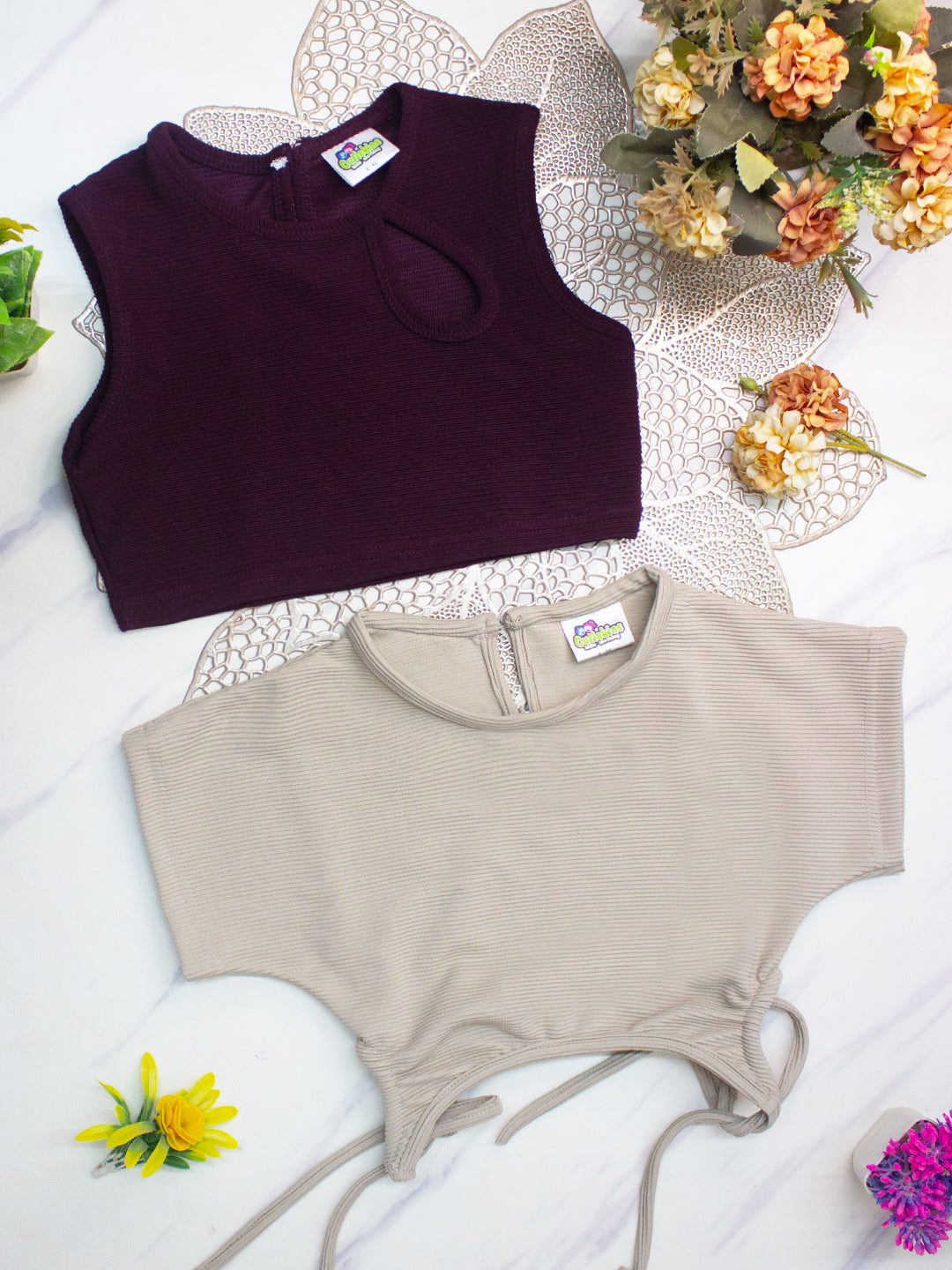 Cutiekins Girls Solid Embellished Crop Tops(Pack of 2) -Wine & Beige