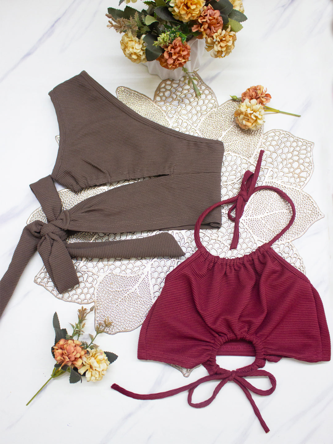 Cutiekins Girls Solid Embellished Crop Tops(Pack of 2) -Rust and Gray