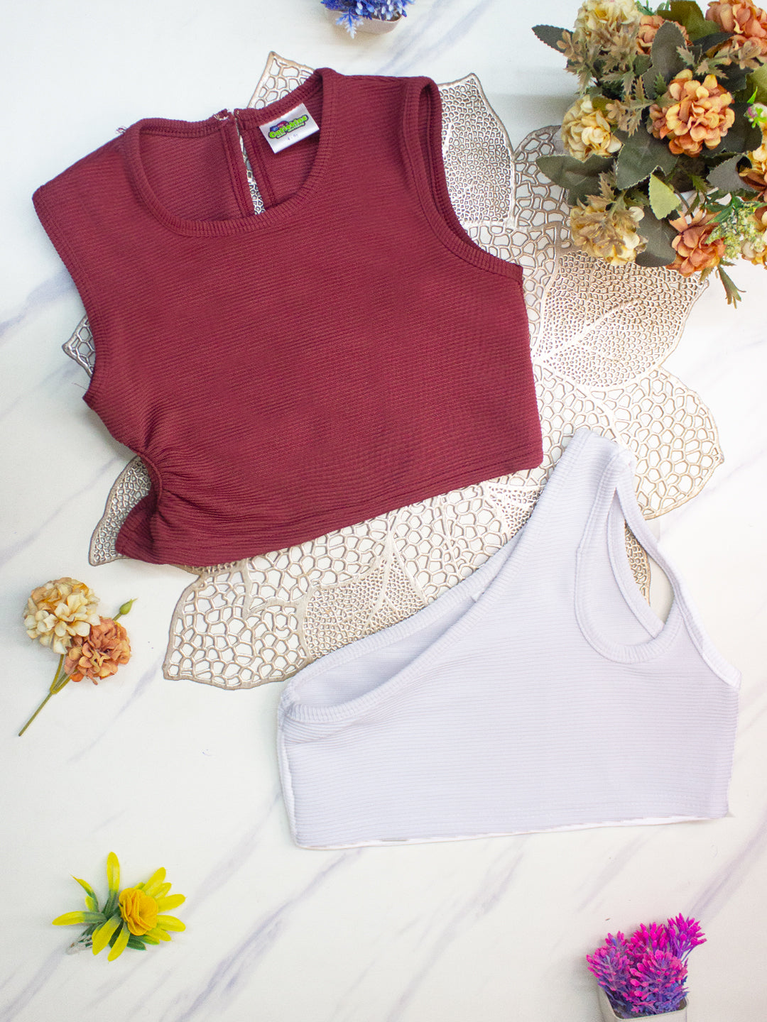 Cutiekins Girls Solid Embellished Crop Tops(Pack of 2) -Rust & Off White