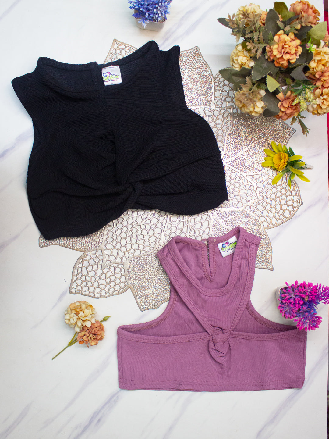 Cutiekins Girls Solid Embellished Crop Tops(Pack of 2) -Black & Onion Black