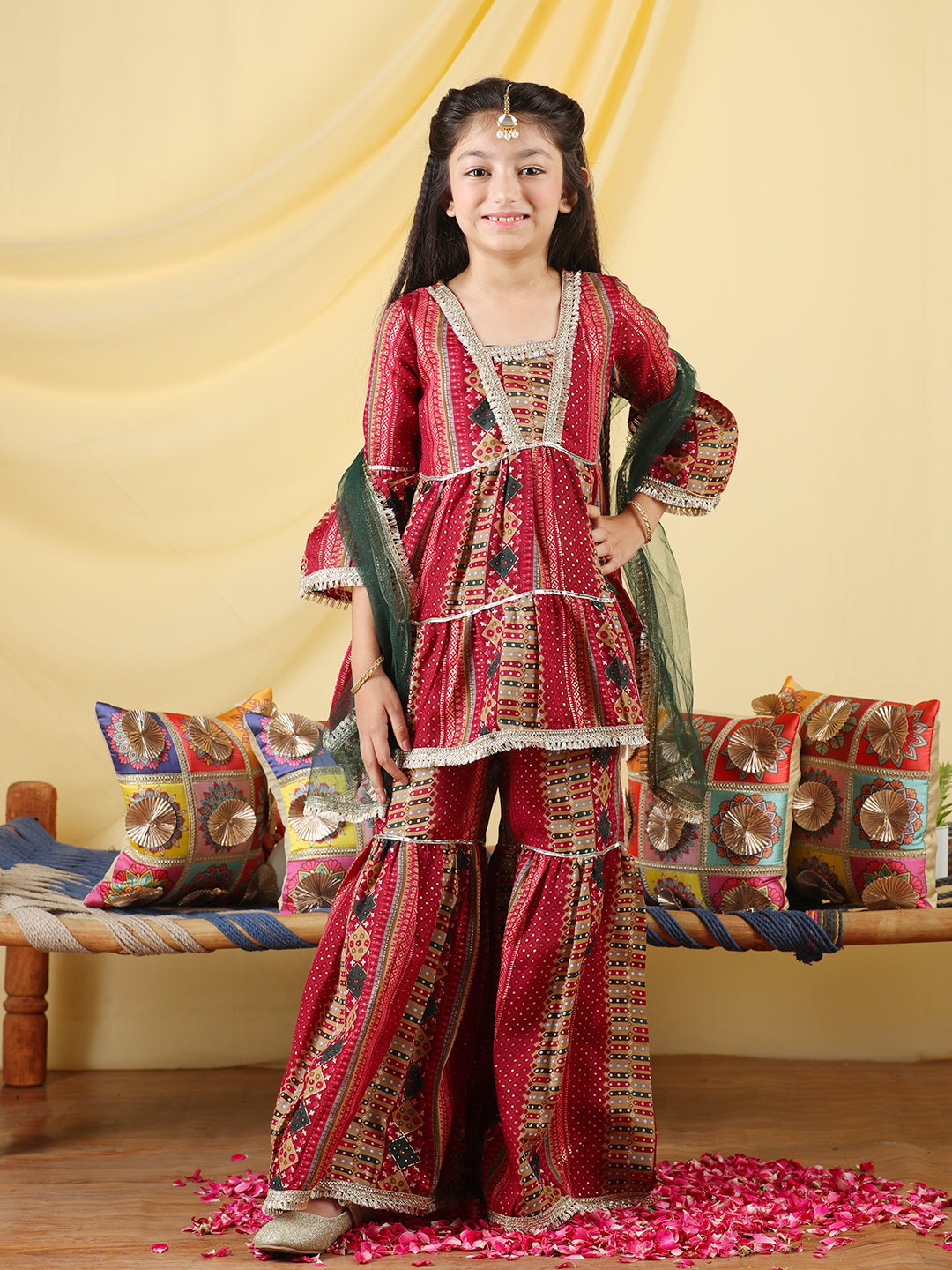 Cutiekins Girls Embroidered Bandhani Print Empire Kurta & Sharara with Dupatta -Maroon & Gold