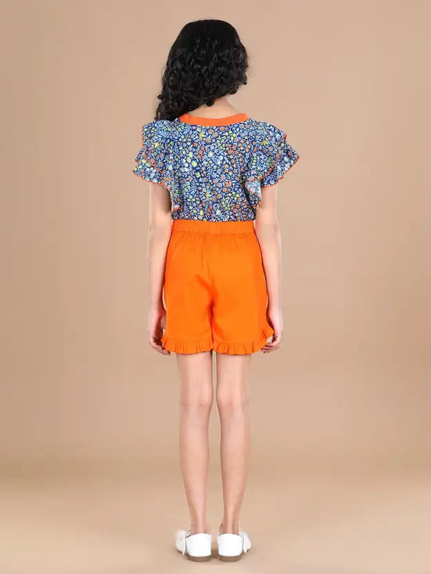 Cutiekins Girls Floral Print Top with Solid Embellished Shorts -Blue & Orange
