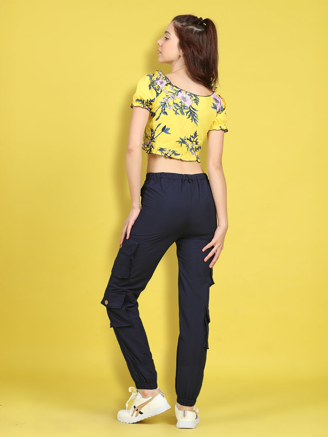 Cutiekins Girls Trendy Bold Look Crop Top With Solid Cargo -Yellow & Dark Blue