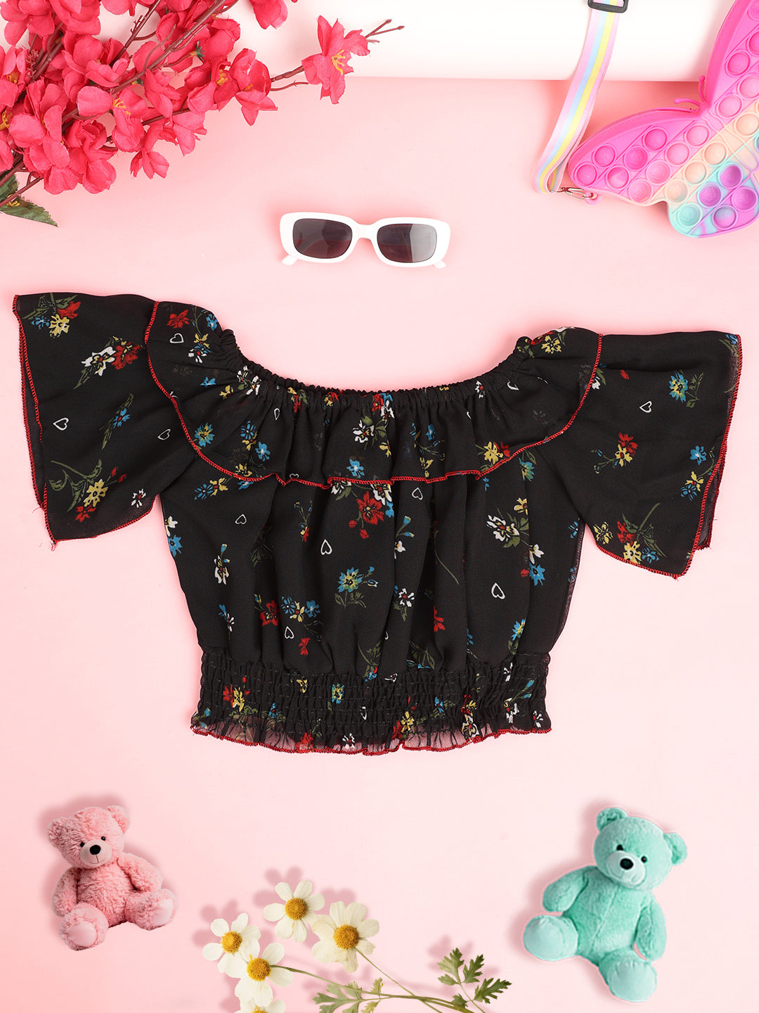 Cutiekins Girls Floral Print Embellished Puff Sleeve Ruffles Top -Black & Multi