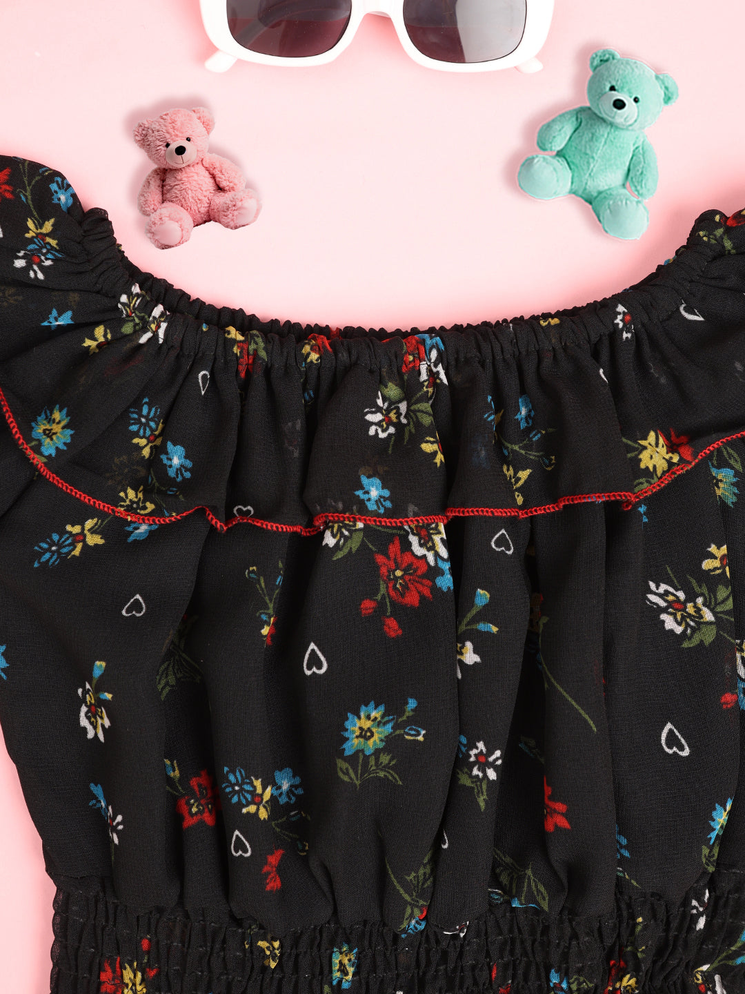 Cutiekins Girls Floral Print Embellished Puff Sleeve Ruffles Top -Black & Multi