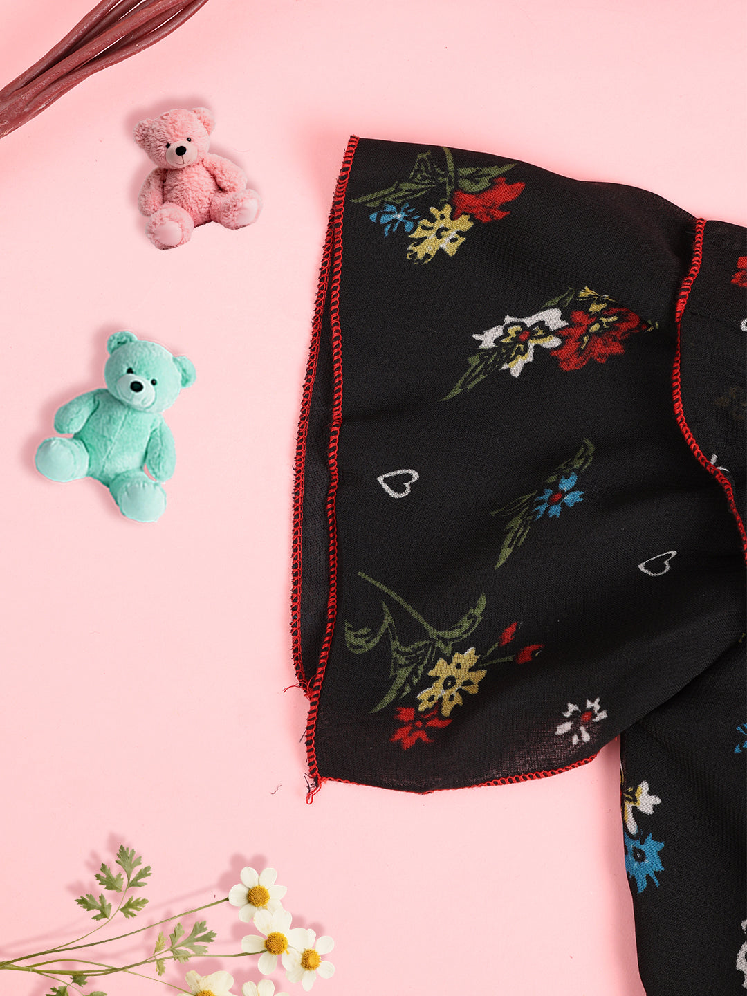 Cutiekins Girls Floral Print Embellished Puff Sleeve Ruffles Top -Black & Multi