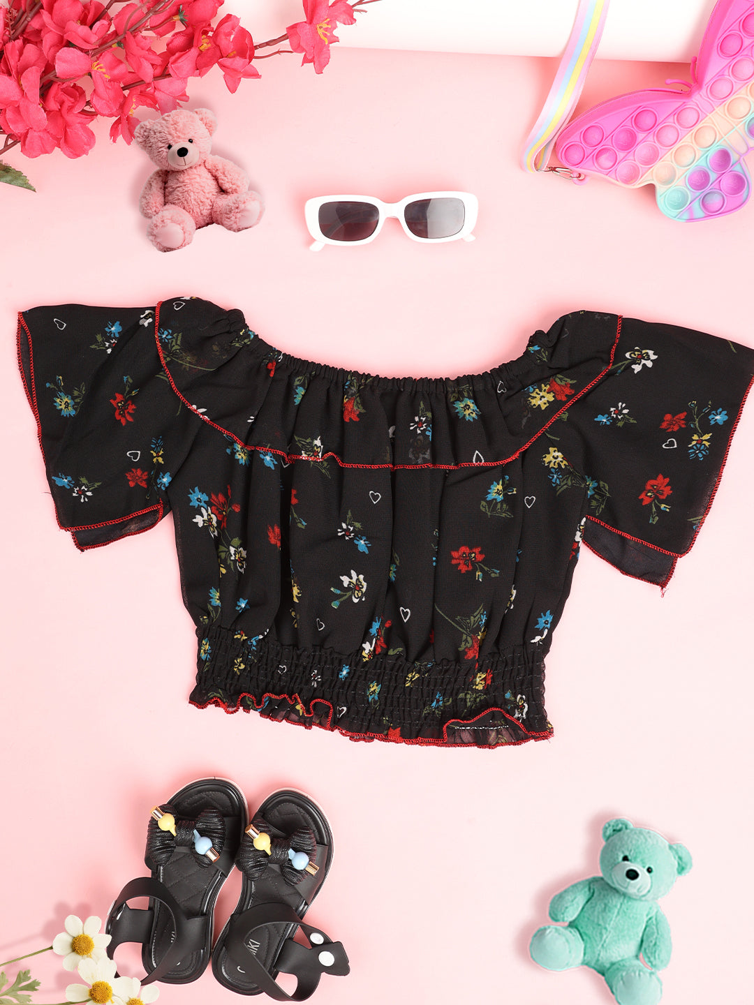 Cutiekins Girls Floral Print Embellished Puff Sleeve Ruffles Top -Black & Multi
