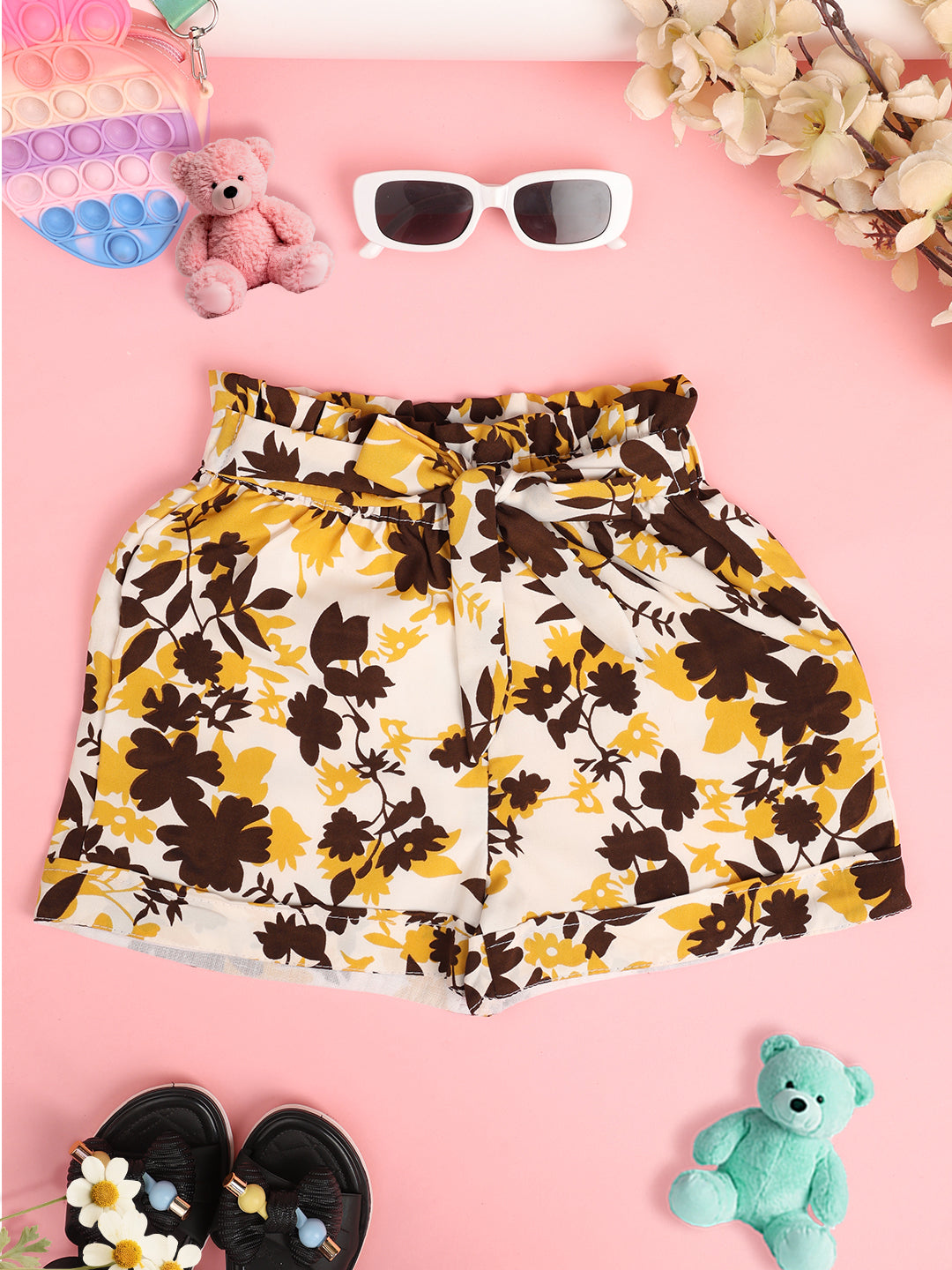 Cutiekins Girls Floral Printed Embellished Short -Off White & Brown