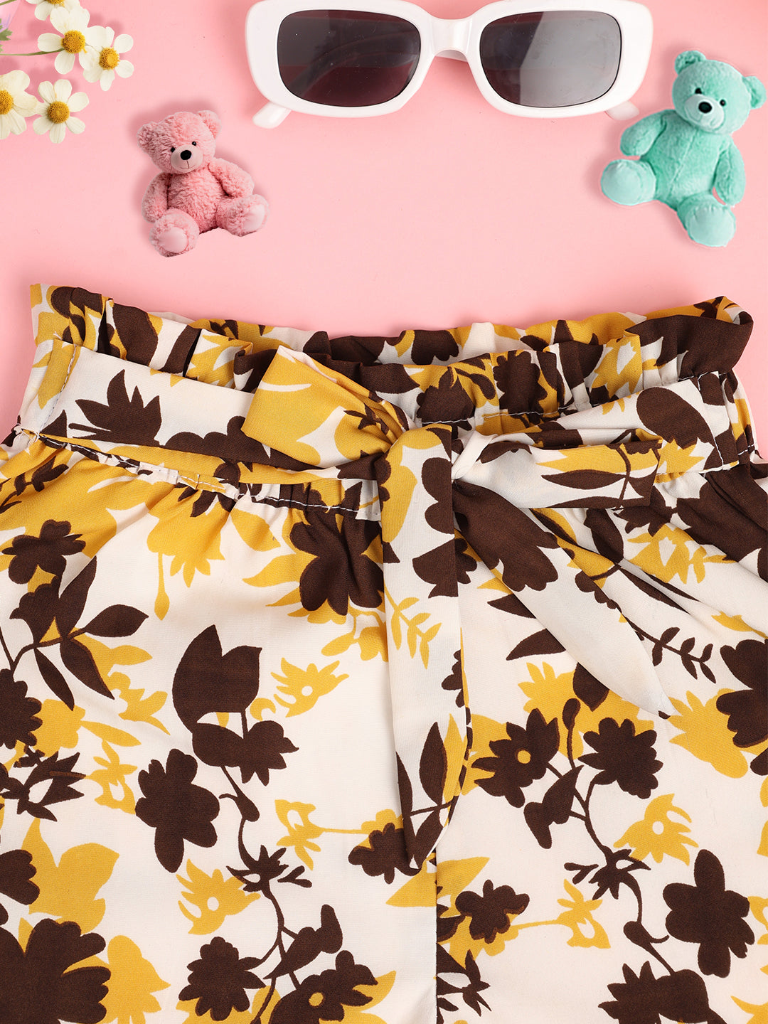 Cutiekins Girls Floral Printed Embellished Short -Off White & Brown