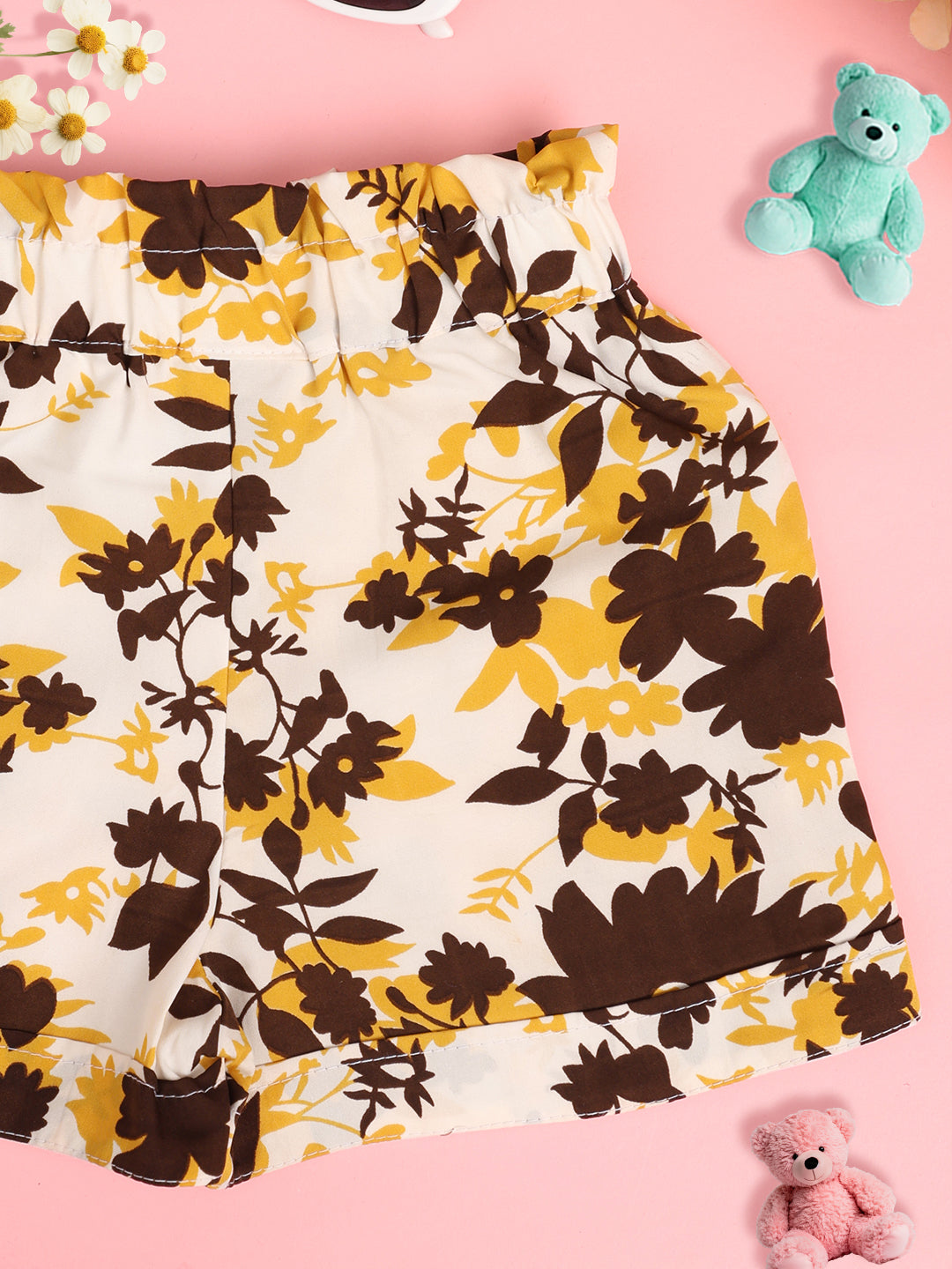 Cutiekins Girls Floral Printed Embellished Short -Off White & Brown