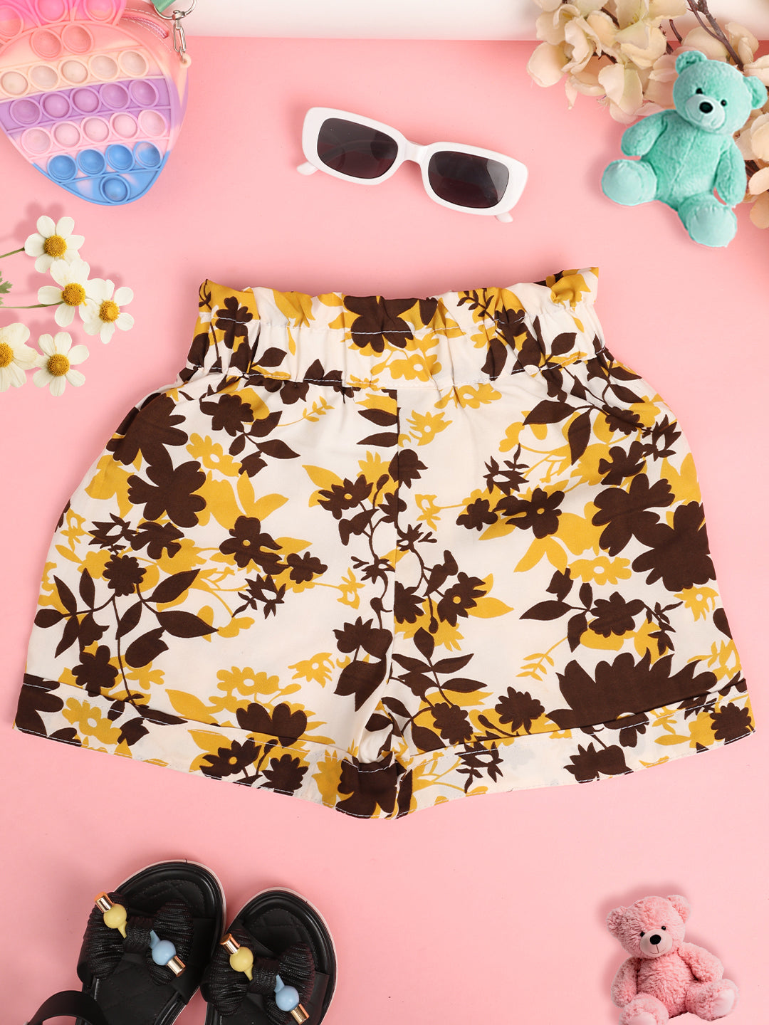 Cutiekins Girls Floral Printed Embellished Short -Off White & Brown