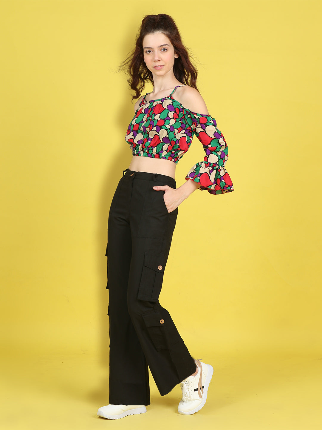 Cutiekins Girls Trendy Bold Look Crop Top With Solid Cargo -Multi & Black