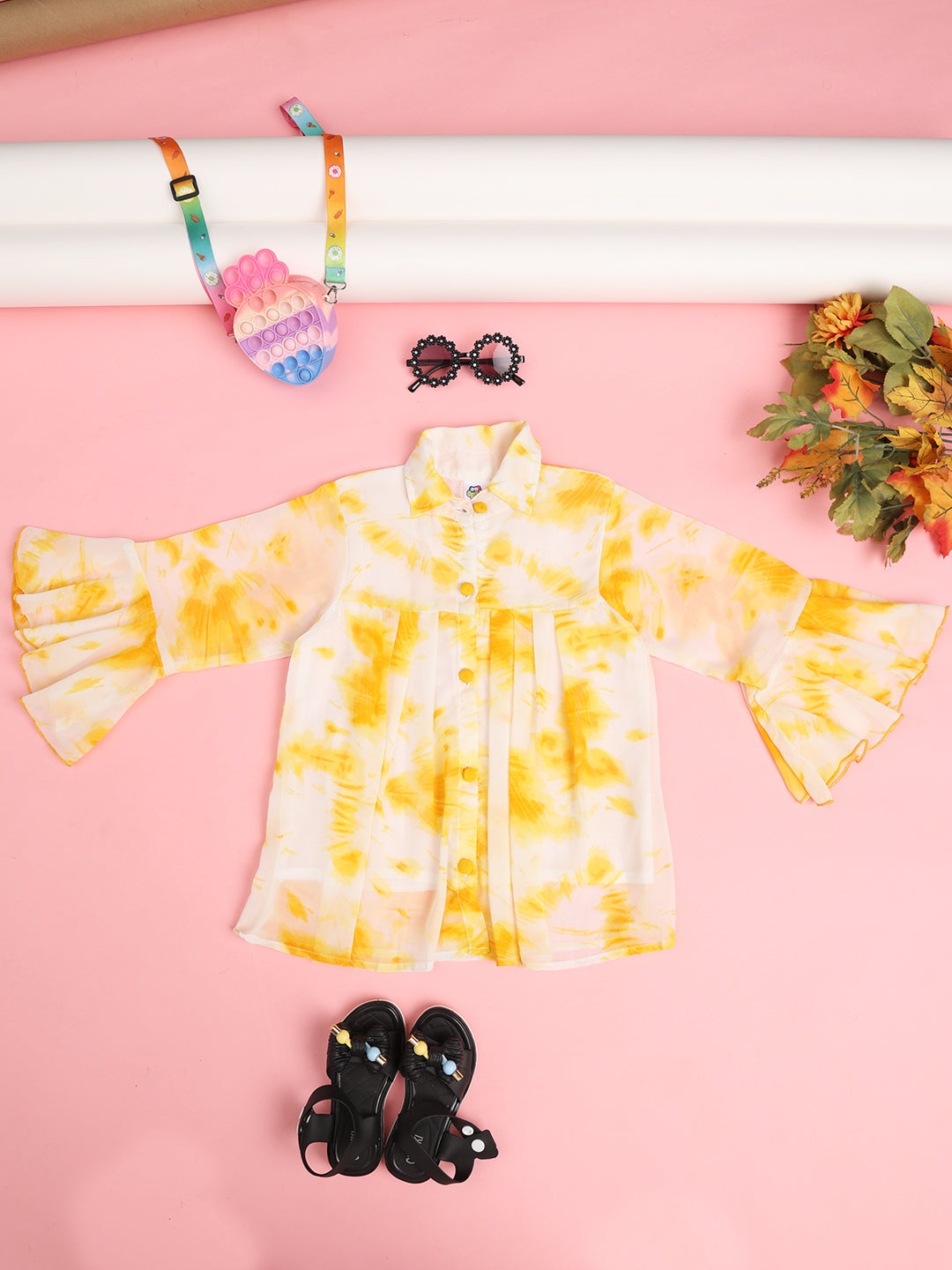 Cutiekins Girls Tie and Dye Print Flared Sleeve Georgette Shirt Style Top -Yellow & Off White