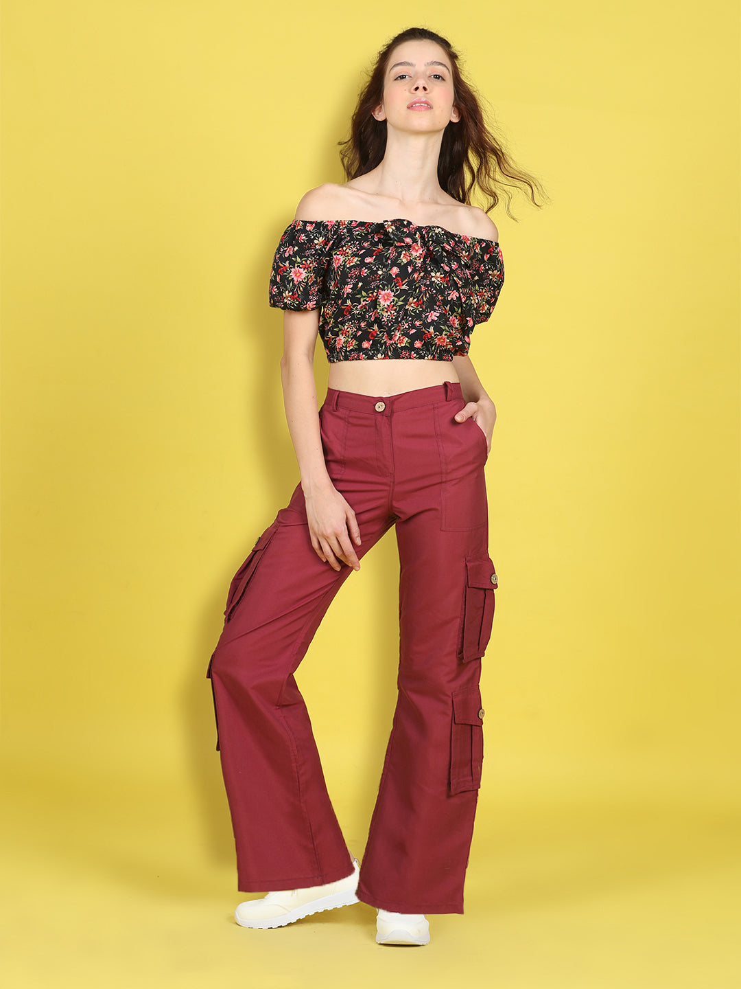 Cutiekins Girls Trendy Bold Look Crop Top With Solid Cargo -Black & Maroon