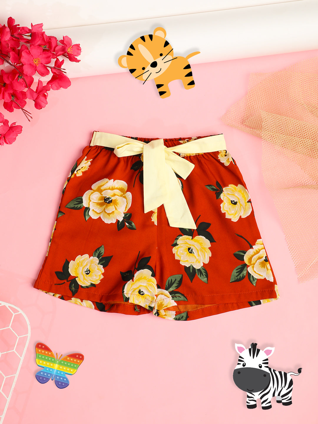 Cutiekins Girls Floral Printed Embellished Short -Rust & Cream