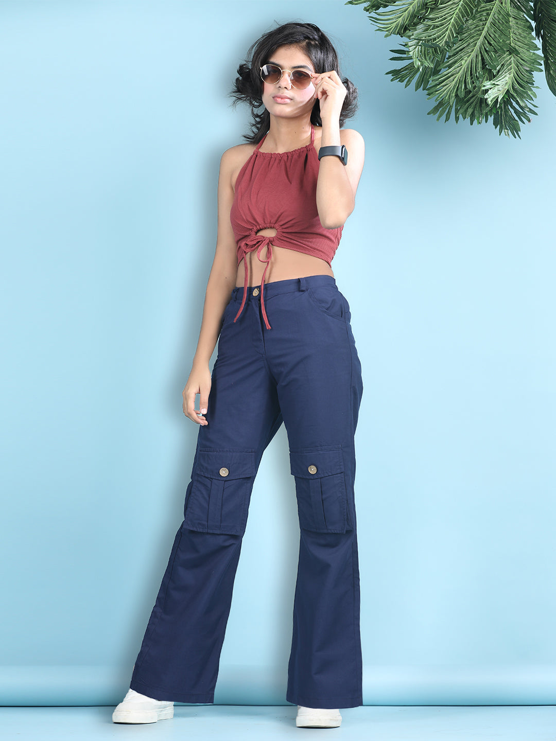 Cutiekins Girls Solid Embellished Top with Solid Cargo -Dark Red & Navy Blue