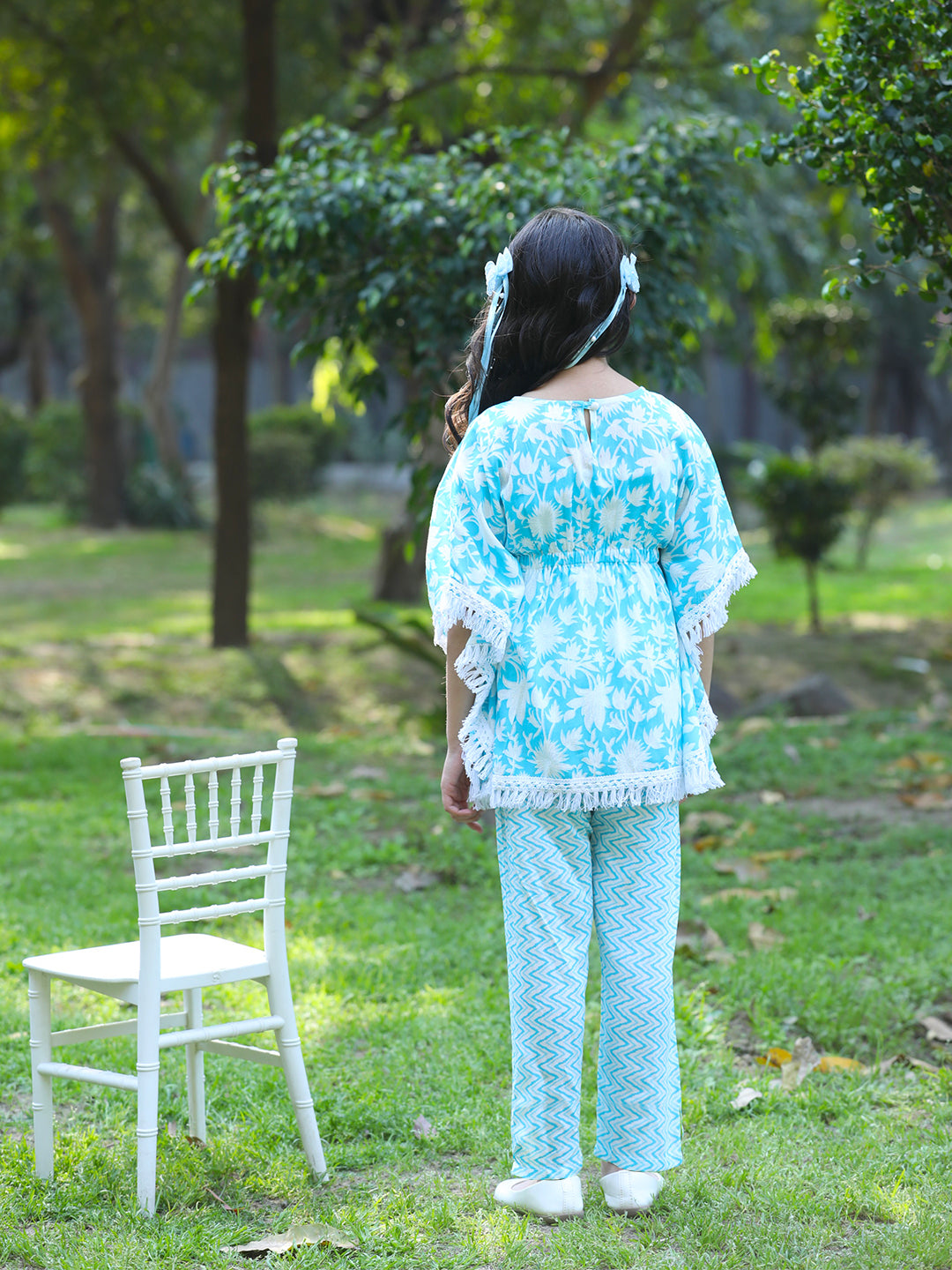 Cutiekins Girls Trendy Floral Print Kaftan Kurta and Palazzo Set -White & Sky Blue