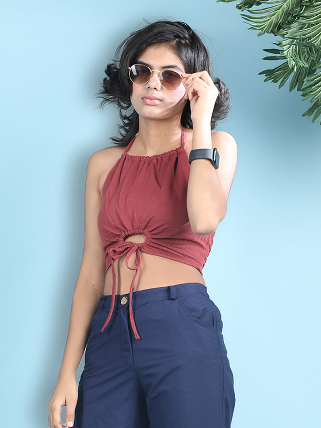 Cutiekins Girls Solid Embellished Stylish Tie-Ups Crop Top -Dark Red