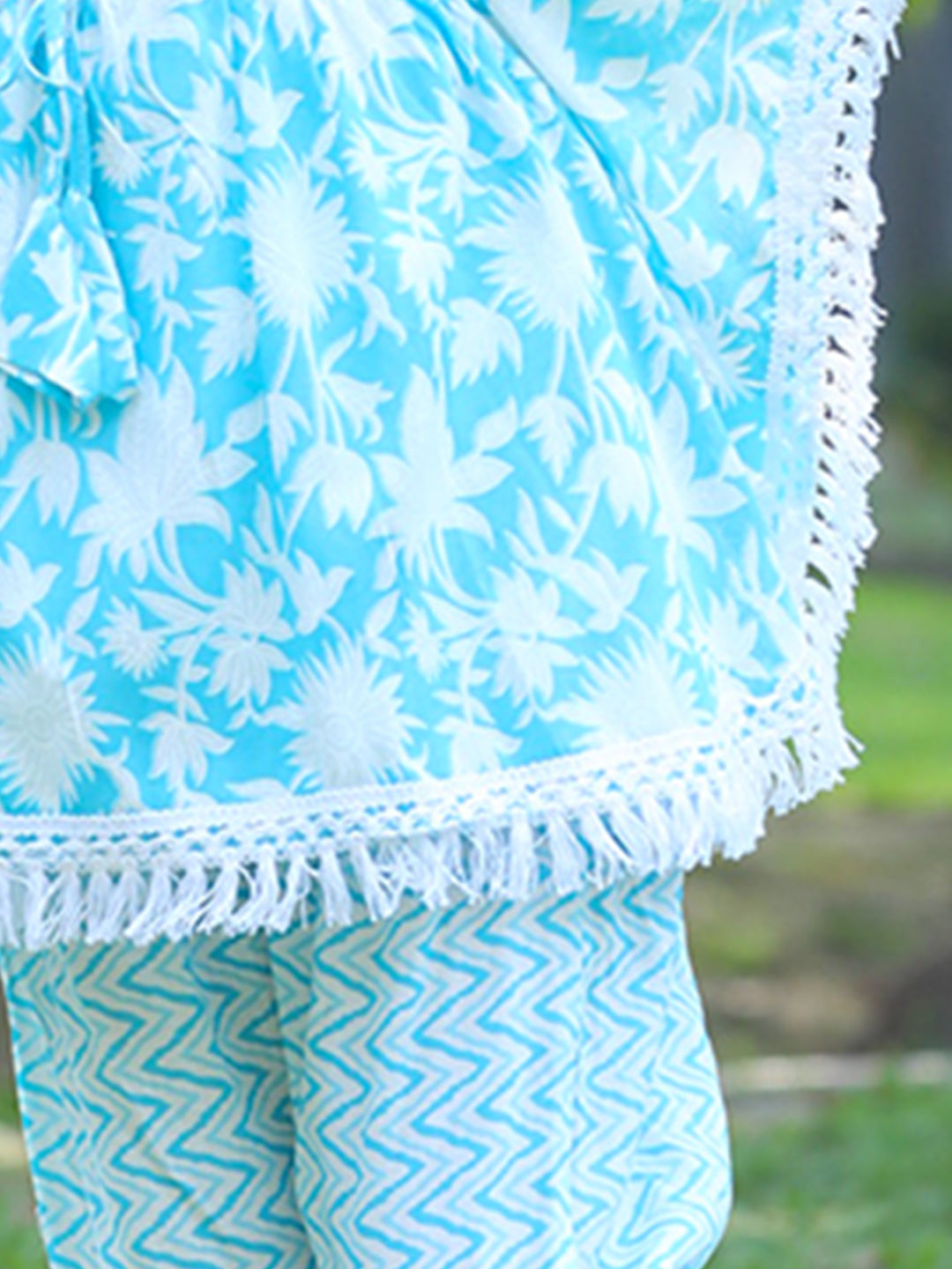 Cutiekins Girls Trendy Floral Print Kaftan Kurta and Palazzo Set -White & Sky Blue