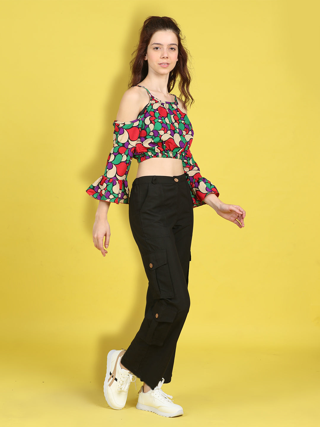 Cutiekins Girls Trendy Bold Look Crop Top With Solid Cargo -Multi & Black