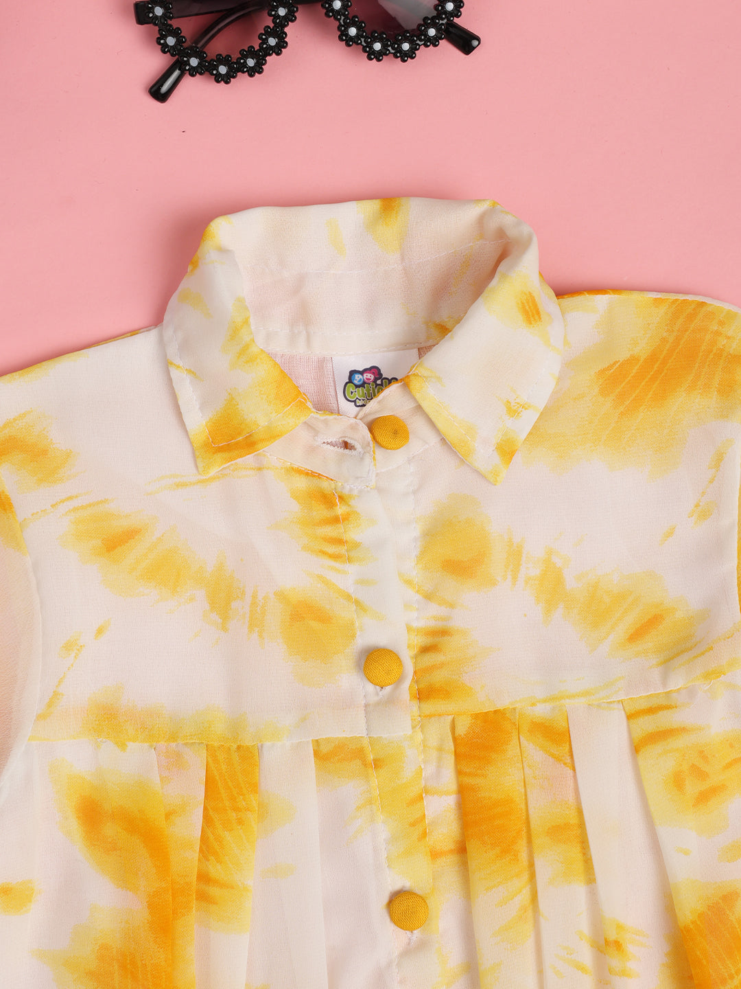 Cutiekins Girls Tie and Dye Print Flared Sleeve Georgette Shirt Style Top -Yellow & Off White