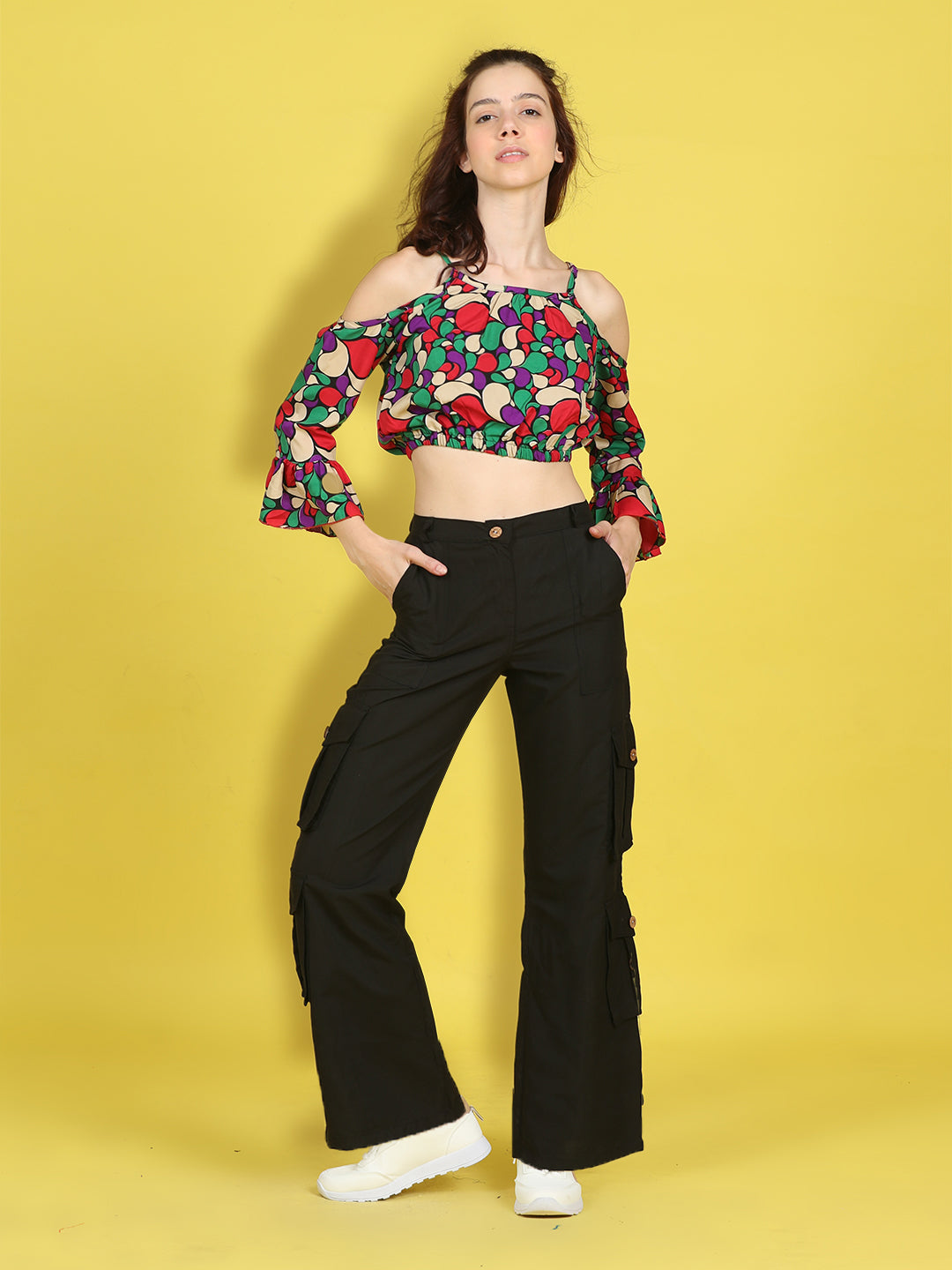 Cutiekins Girls Trendy Bold Look Crop Top With Solid Cargo -Multi & Black