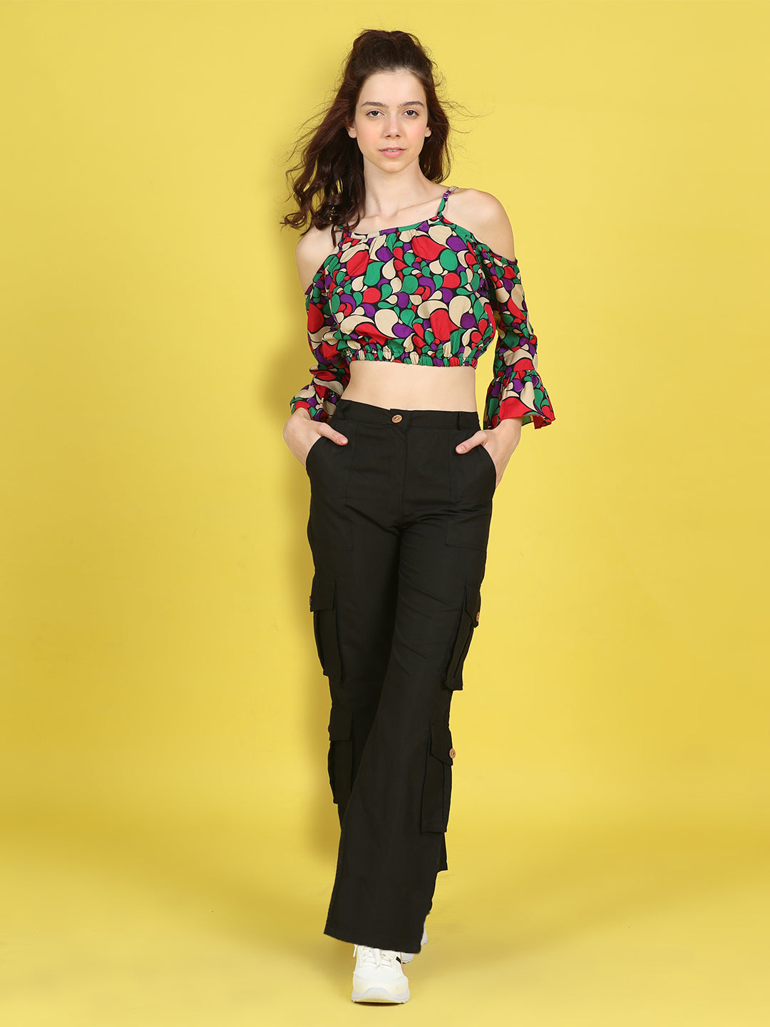 Cutiekins Girls Trendy Bold Look Crop Top With Solid Cargo -Multi & Black